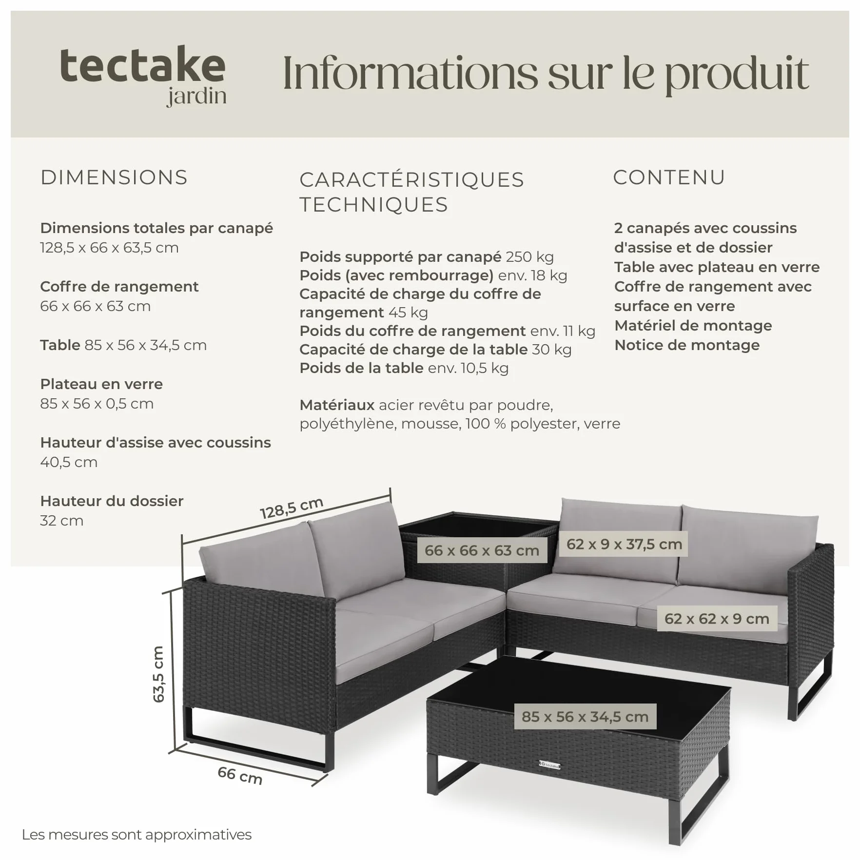 Tectake Ensemble Salon de Jardin Exterieur Modulable en Rotin, Canape 4 Places, Table Basse Verre, Coffre Rangement, Coussins Inclus