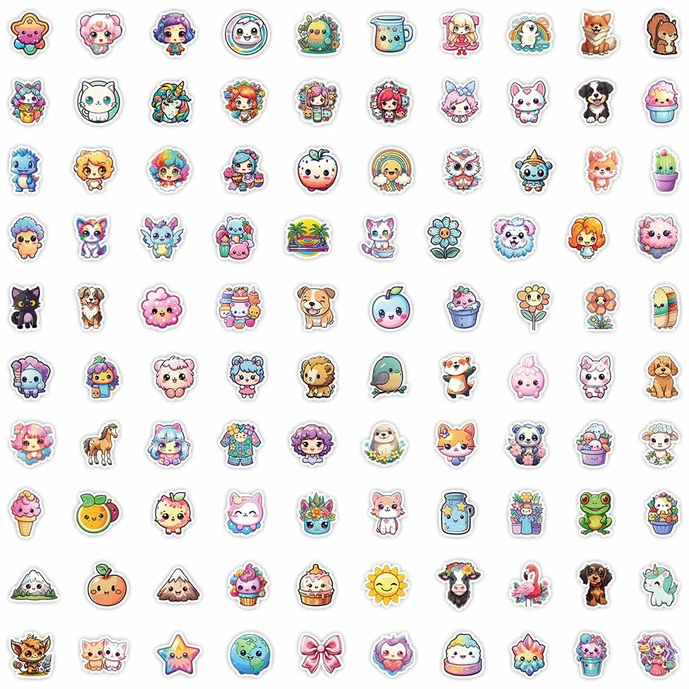 Autocollant Kawaii 100 Pièces Stickers Vinyle Étanche Enfant Animaux Drôles pour Bouteille Ordinateur Skate