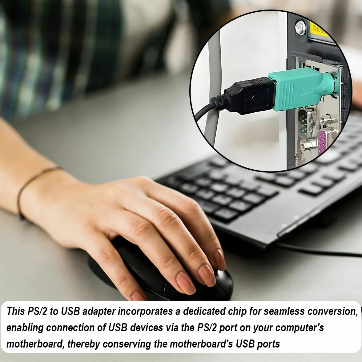 Adaptateurs PS2 vers USB Remplacement pour Souris et Clavier, Lot de 2 Convertisseurs PS2 Femelle vers USB A Mâle (Vert, Violet, Noir)