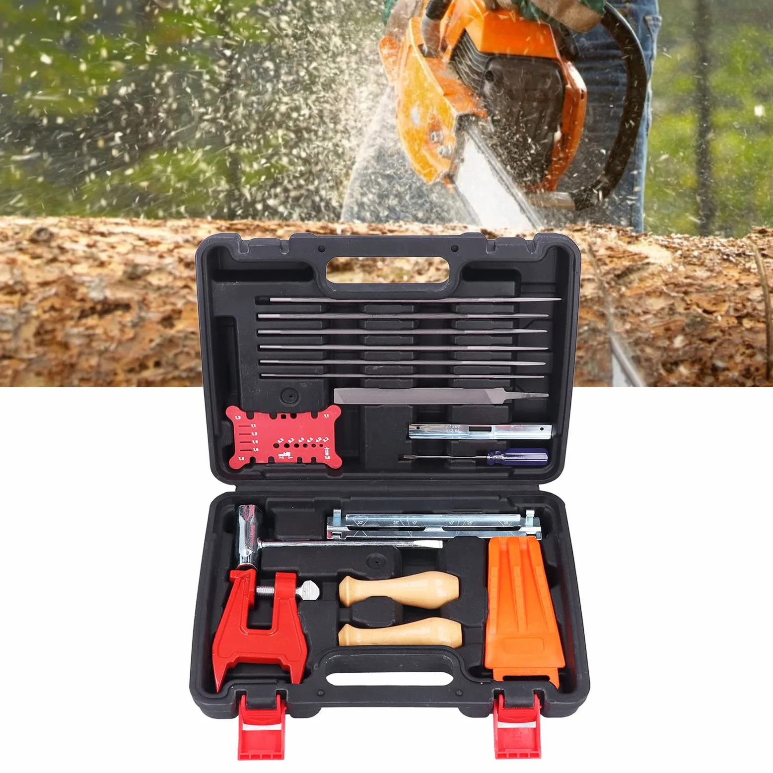 Tyenaza Kit d'affûtage de tronçonneuse 16 pièces avec étui de Rangement, Comprenant Une Lime Ronde, Un Tournevis Plat, Un Guide de Lime, Un Manche en Bois, Une Barre d'abattage et Un Outil de Mesure.