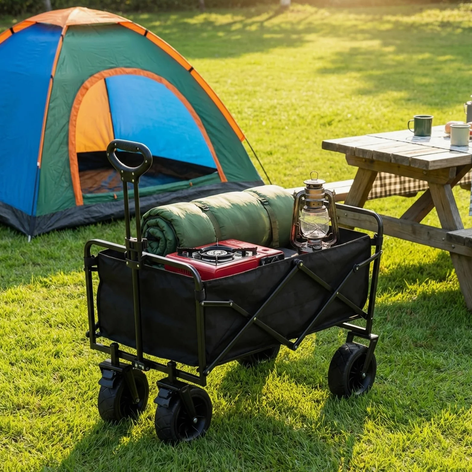 SNZ Chariot de Transport Pliable 4 Roues - Capacité 150kg - Roues 360° Tout Terrain - Poignée Réglable - pour Camping, Courses, Jardin, Plage - Compact et Léger
