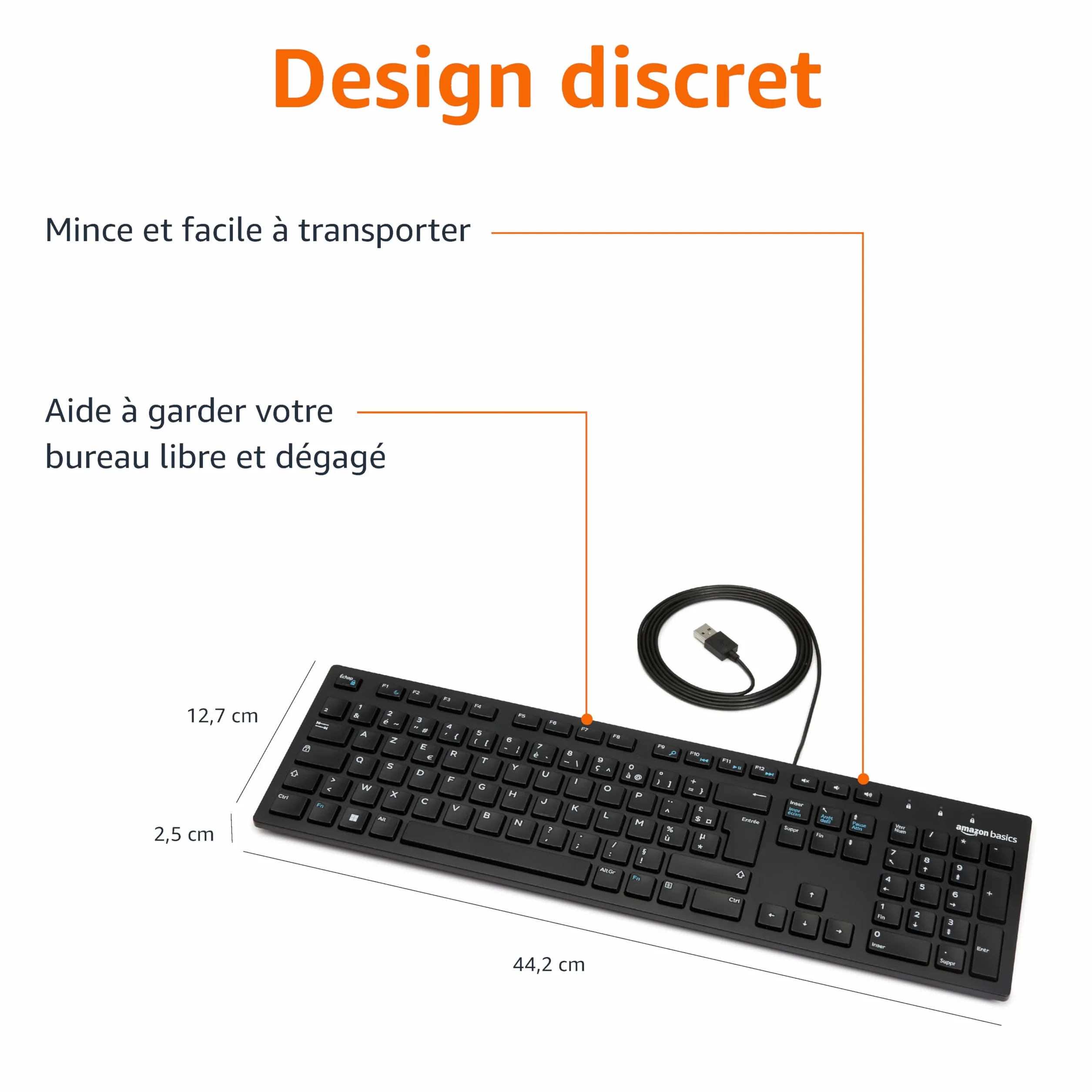 Amazon Basics Clavier USB filaire discret disposition française noir mat