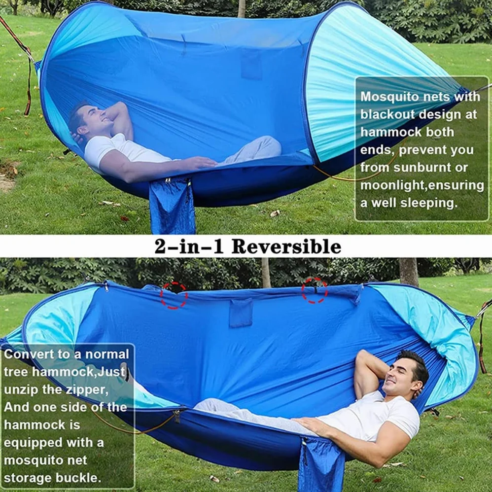 Hamac double de camping avec moustiquaire anti-retournement – Hamac d'extérieur portable pour voyage randonnée pour 2 personnes