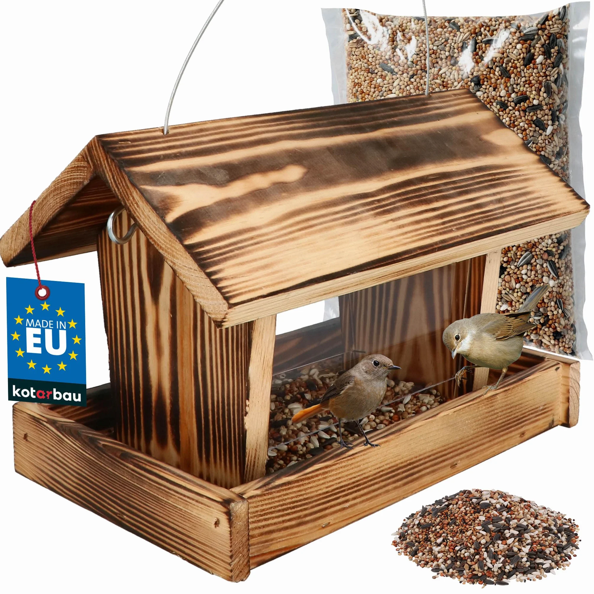 Mangeoire Oiseaux Exterieur Bois Acrylique 28x18x20 cm Naturel Suspendre Jardin