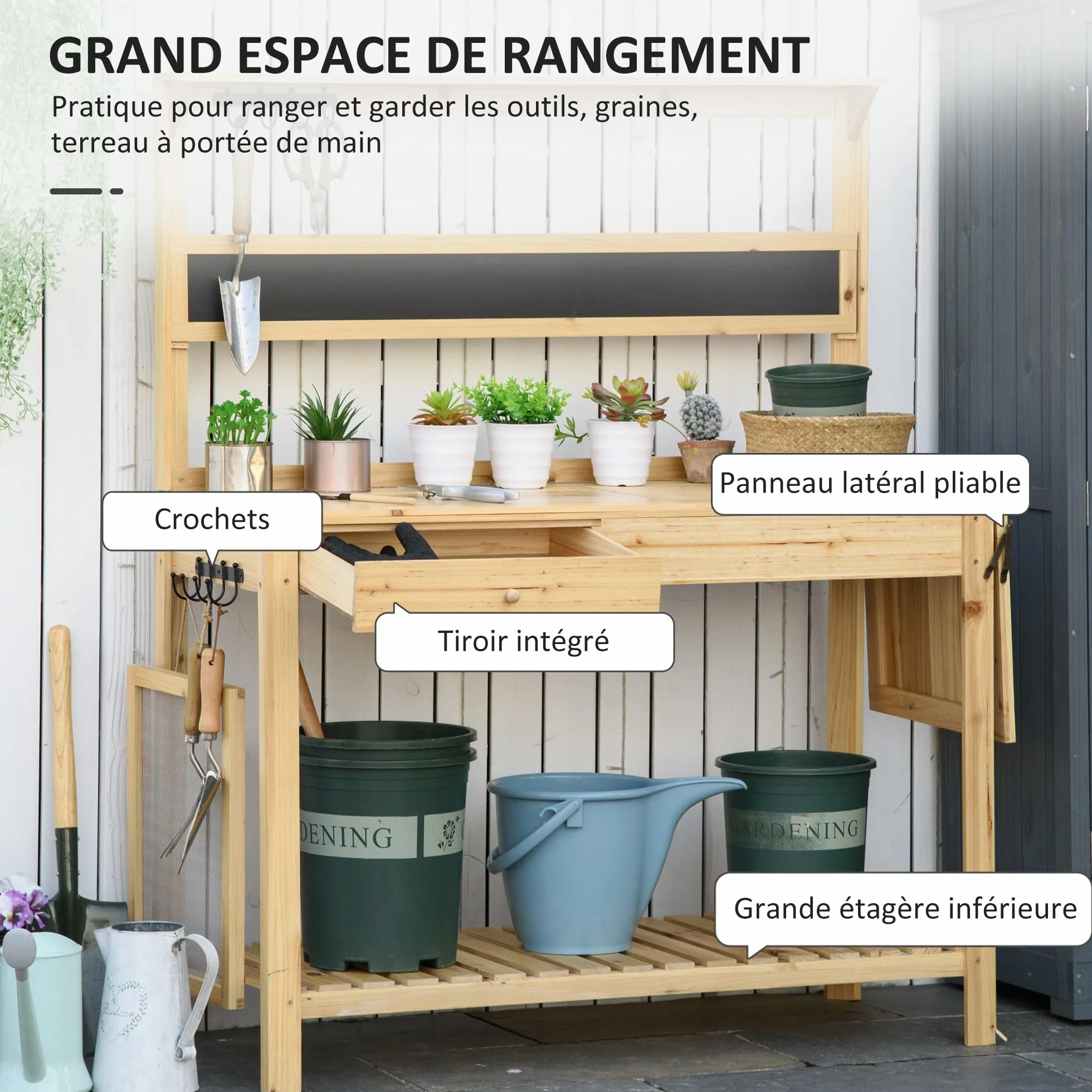 Outsunny Table de rempotage de jardin avec 2 étagères, tiroir, étagère pliante, 8 crochets, évier, tamis, planche en bois d'épicéa