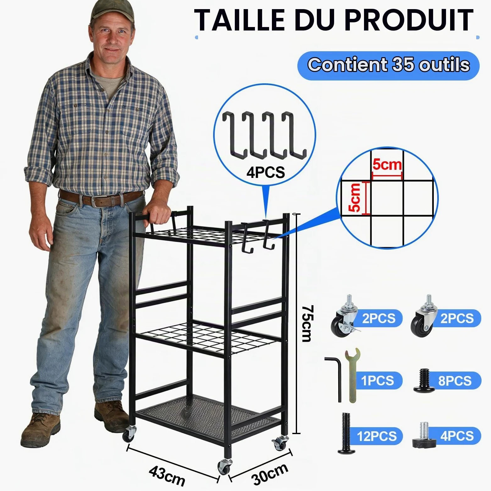 efuturetime Organisateur d'Outils de Jardin 35 Emplacements, 80 × 43 × 30cm | Support Rangement en métal, 3 Niveaux avec roulettes pour Garage Pelouse Abri