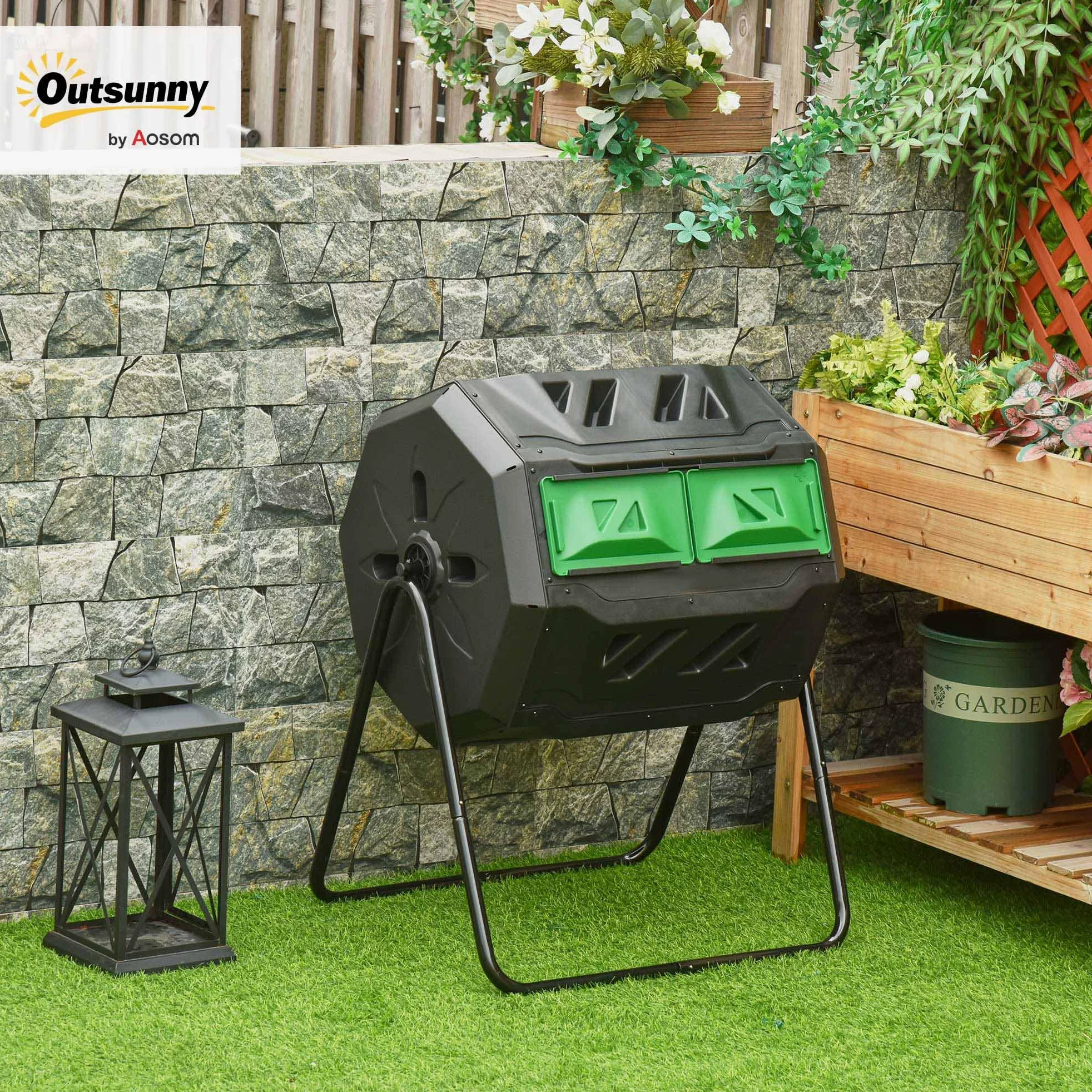Outsunny Composteur Rotatif 160L à Double Chambre extérieur, Noir | Rotation 360°, Bac à compost de jardin, Portes coulissantes, Cadre en acier solide