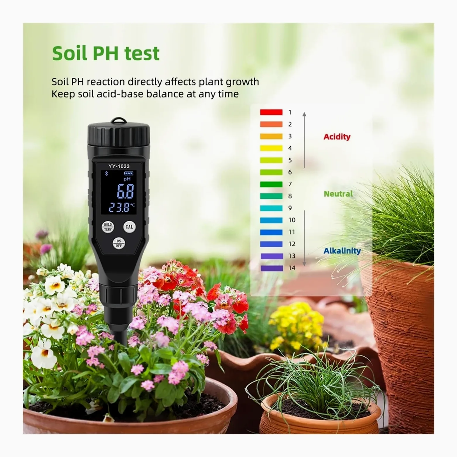 Testeur de pH Sol intellint 0, à 14, Bluetooth, enregistreur données, analyseur température et d'acidité for Culture hydroponique, Plantation, Jardin, Terres agricoles Jardinage, Agriculture