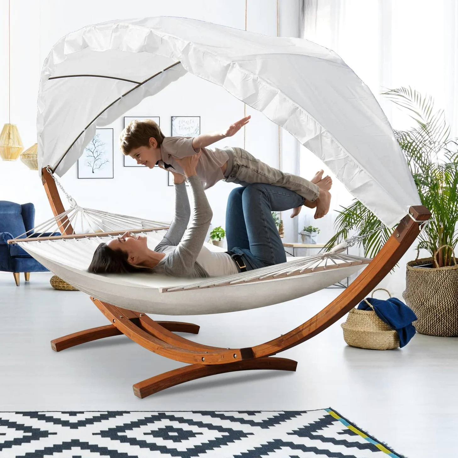 Hamac XXL de 410 cm avec Structure et auvent, Surface de Couchage 200 x 150 cm, hamac en Bois de mélèze résistant aux intempéries, jusqu'à 200 kg