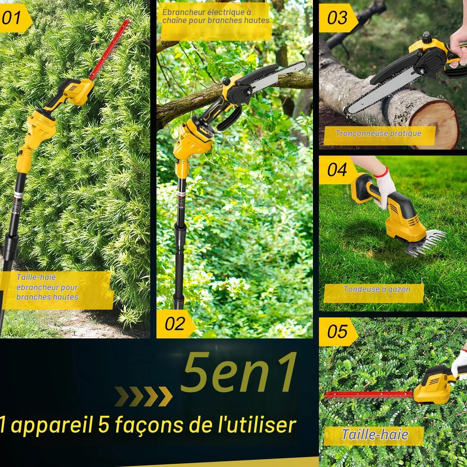 Kit de tronçonneuse et taille-haie 6 en 1 de 20 cm pour batteries DeWalt 20 V (sans batterie) | Roadtime Mini tronçonneuse télescopique pour jardin, arbres et arbustes
