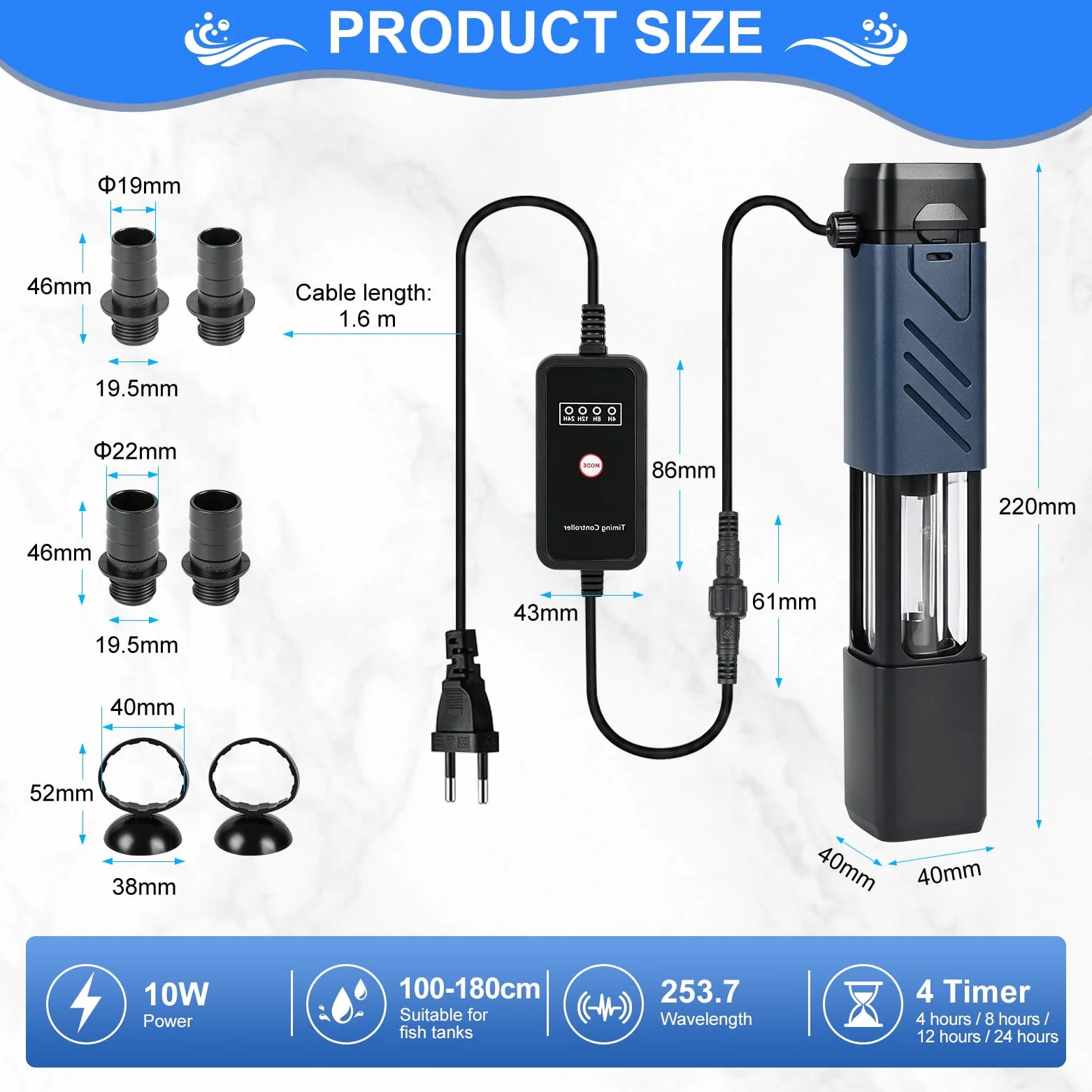 EXLECO 10W UV Stérilisateur pour Aquarium, Clarificateur à Glissière | avec 4 Niveaux de Minuterie, Usage Aquatique et Terrestre, pour Aquariums de 100 à 180 cm, Contrôle des Algues, UVF-1010