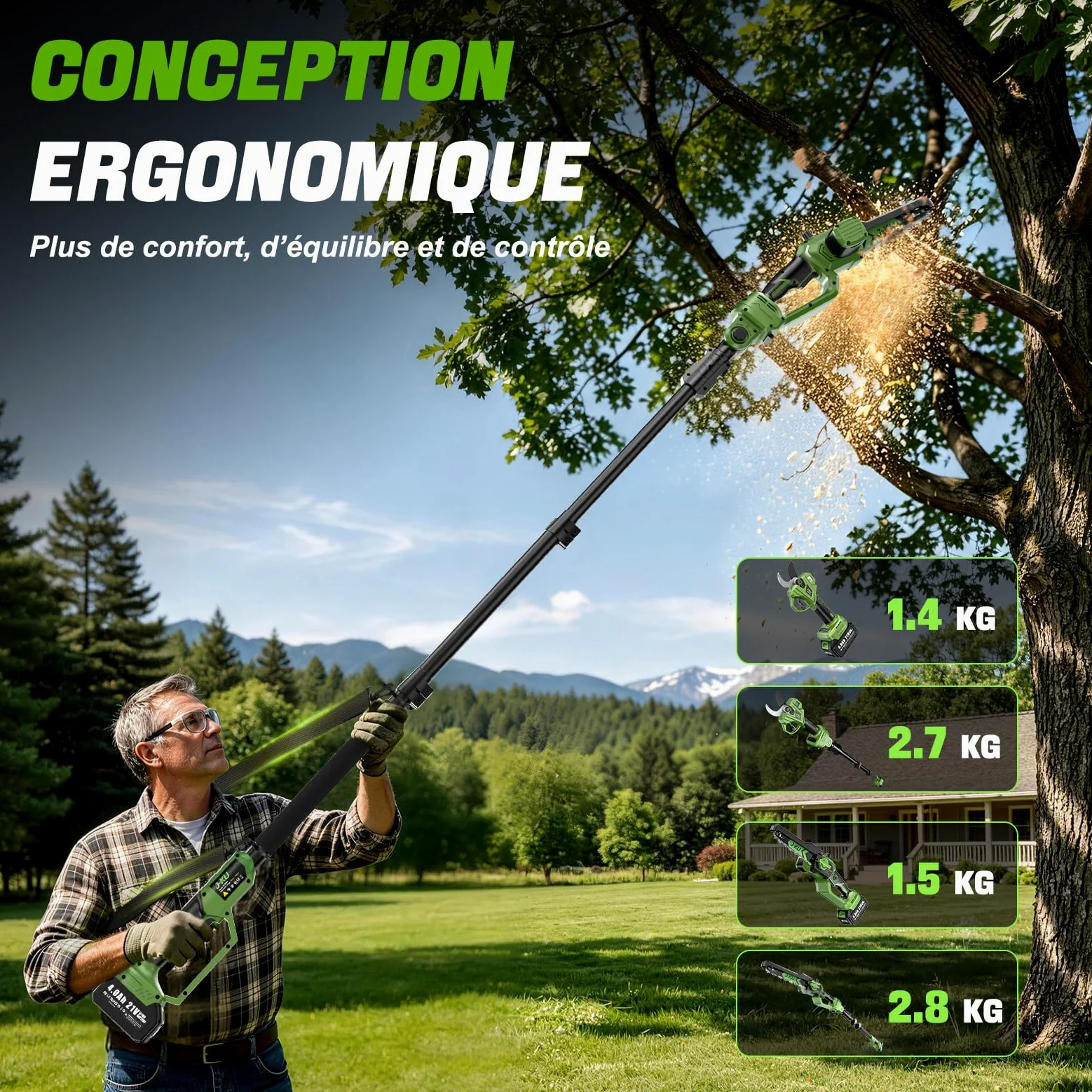 J-KU Élagueuse sur Perche 4 en 1 sans Fil avec Batterie, Mini Tronçonneuse 20 cm (8 Pouces) & Sécateur Électrique 35 mm, Perche Télescopique 2,6 m, 2×4000 mAh, Outils de Jardin