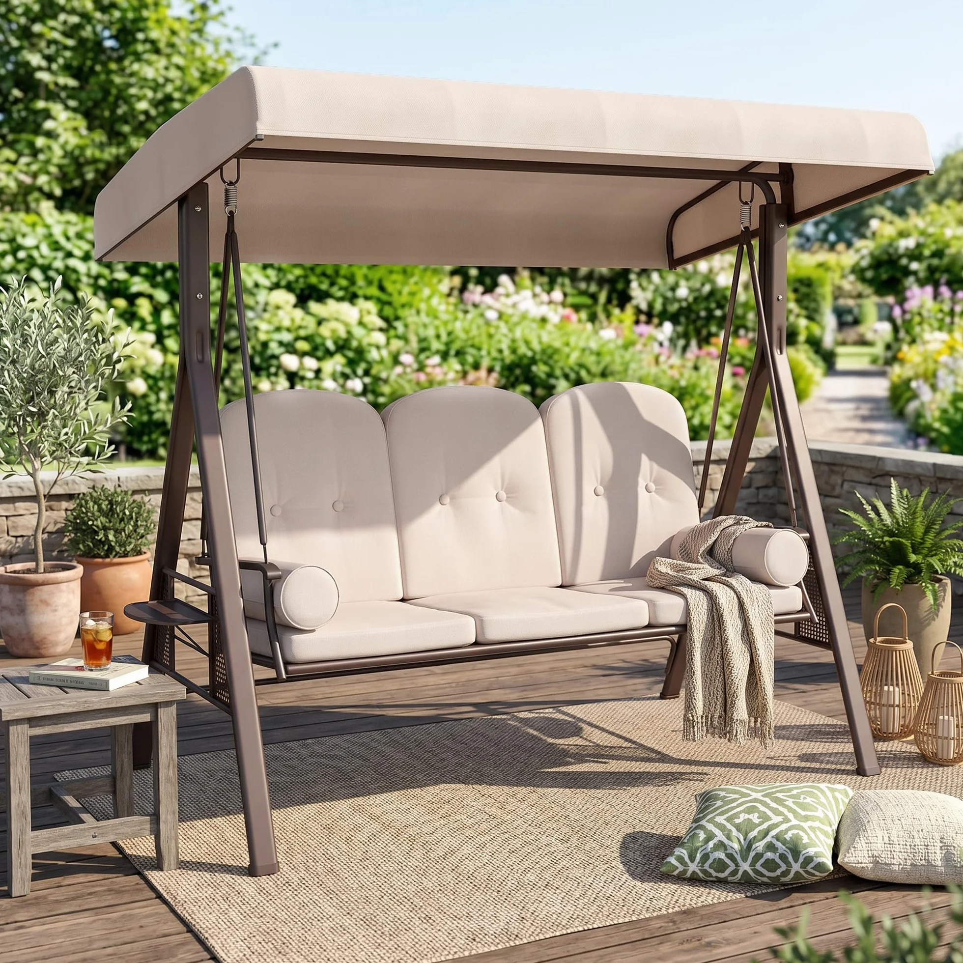 Outsunny Balancelle de Jardin 3 Places Grand Confort Toit Inclinaison réglable Coussins Plateaux rétractables Beige
