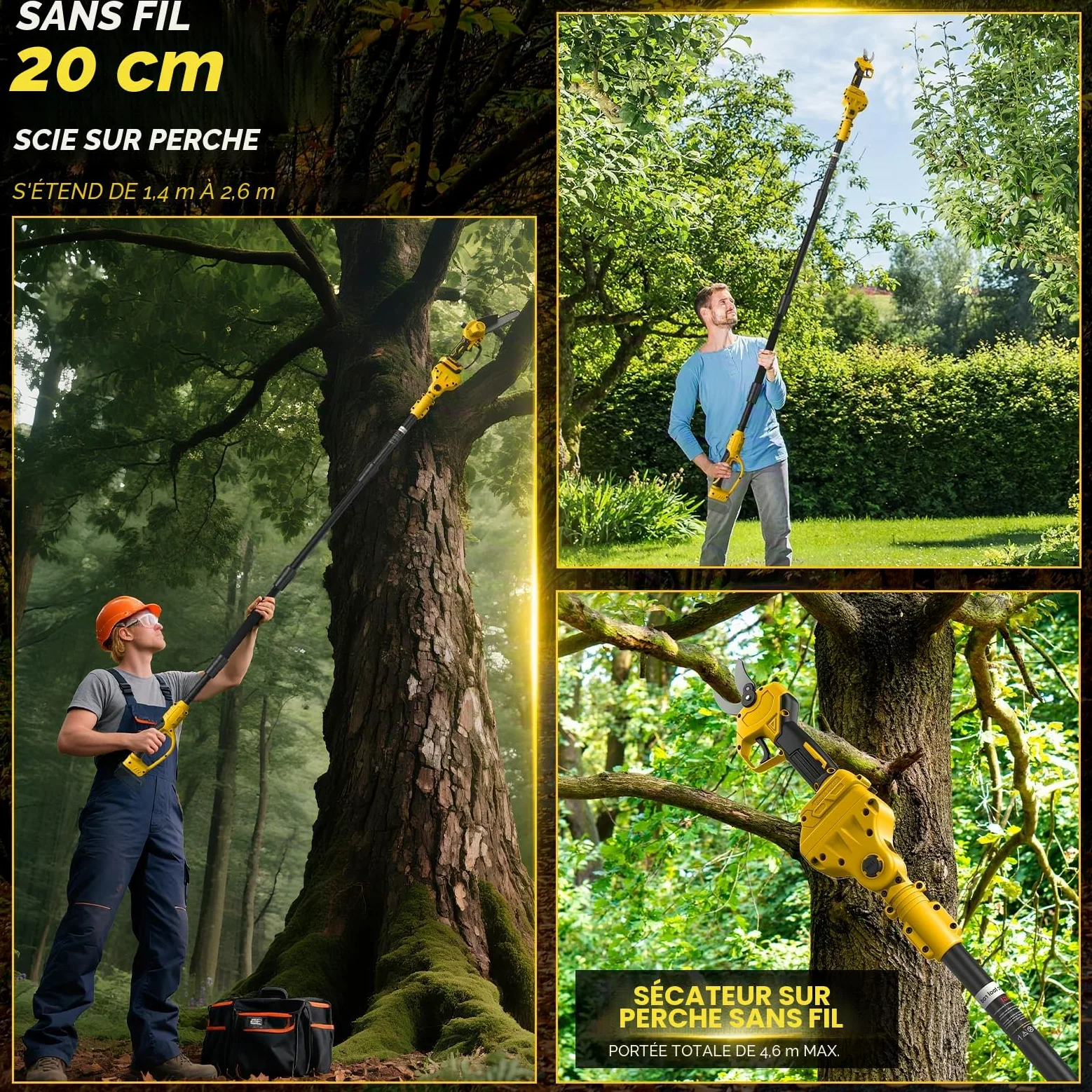 Mini Tronconneuse avec Perche 8 Pouces & Secateur Electrique 28 mm | Telescopique, pour Dewalt 18 V, 20 V batterie, 4 en 1 Élagueuse sur Perche, Portée Maximale 4,5 m