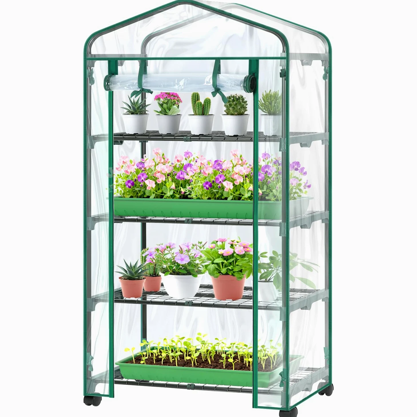 Ohuhu Petite Serre en Film Plastique de qualité supérieure avec Roues de Verrouillage - avec 4 étagères - Peu encombrante - pour Balcon et Jardin - 69 x 48 x 162 cm - Transparent