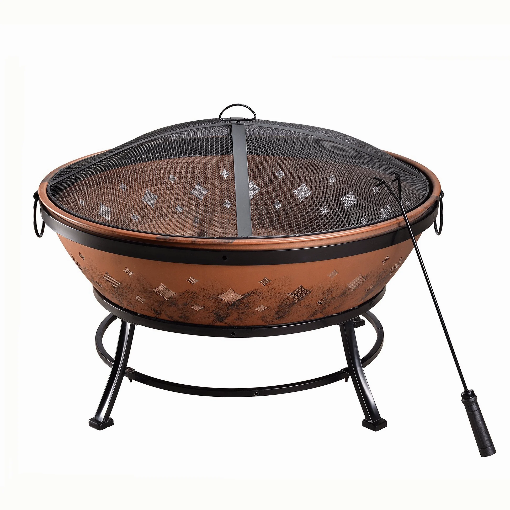Braséro de Jardin à Bois Chauffage extérieur Acier Foyer Rond 89 cm Couvercle de Protection tisonnier cuivré Teamson Home FP35 | Foyer pour Extérieur