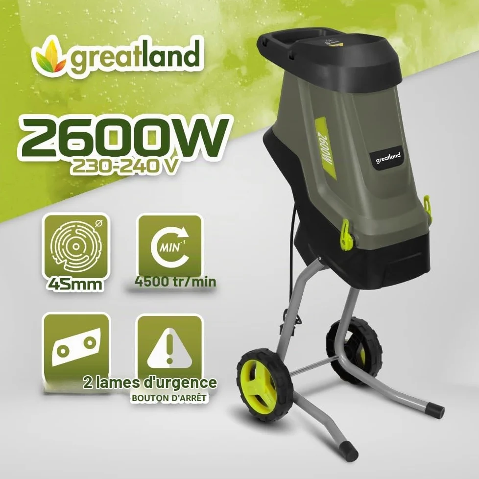 Broyeur de végétaux électrique 2600W avec sac récupérateur de 45L