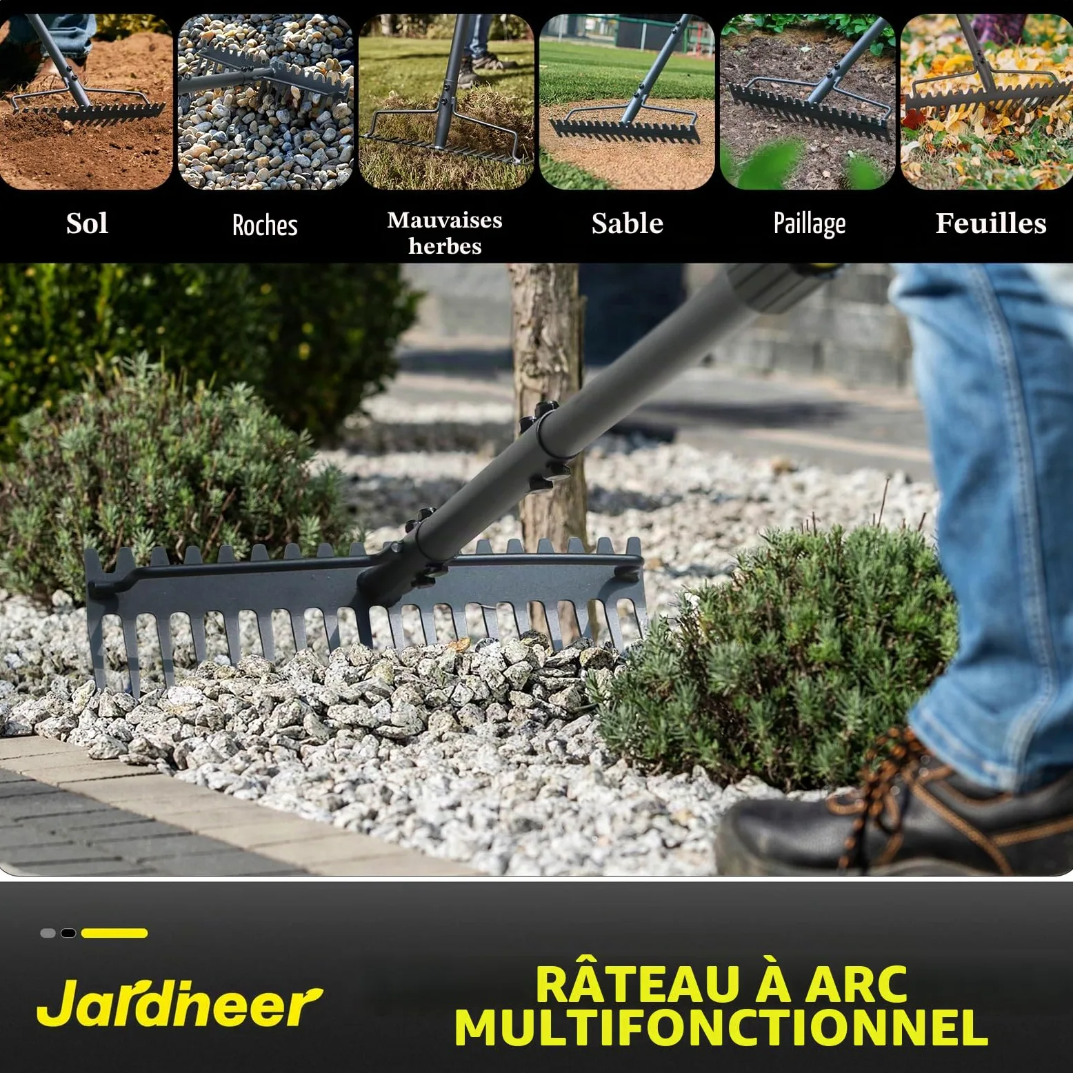 Jardineer Râteau d'arc robuste à long manche en métal pour gravier, roches, pelouses, feuilles, nivellement du sol, aménagement paysager, râteau de jardin avec 18 dents en acier (150 cm)