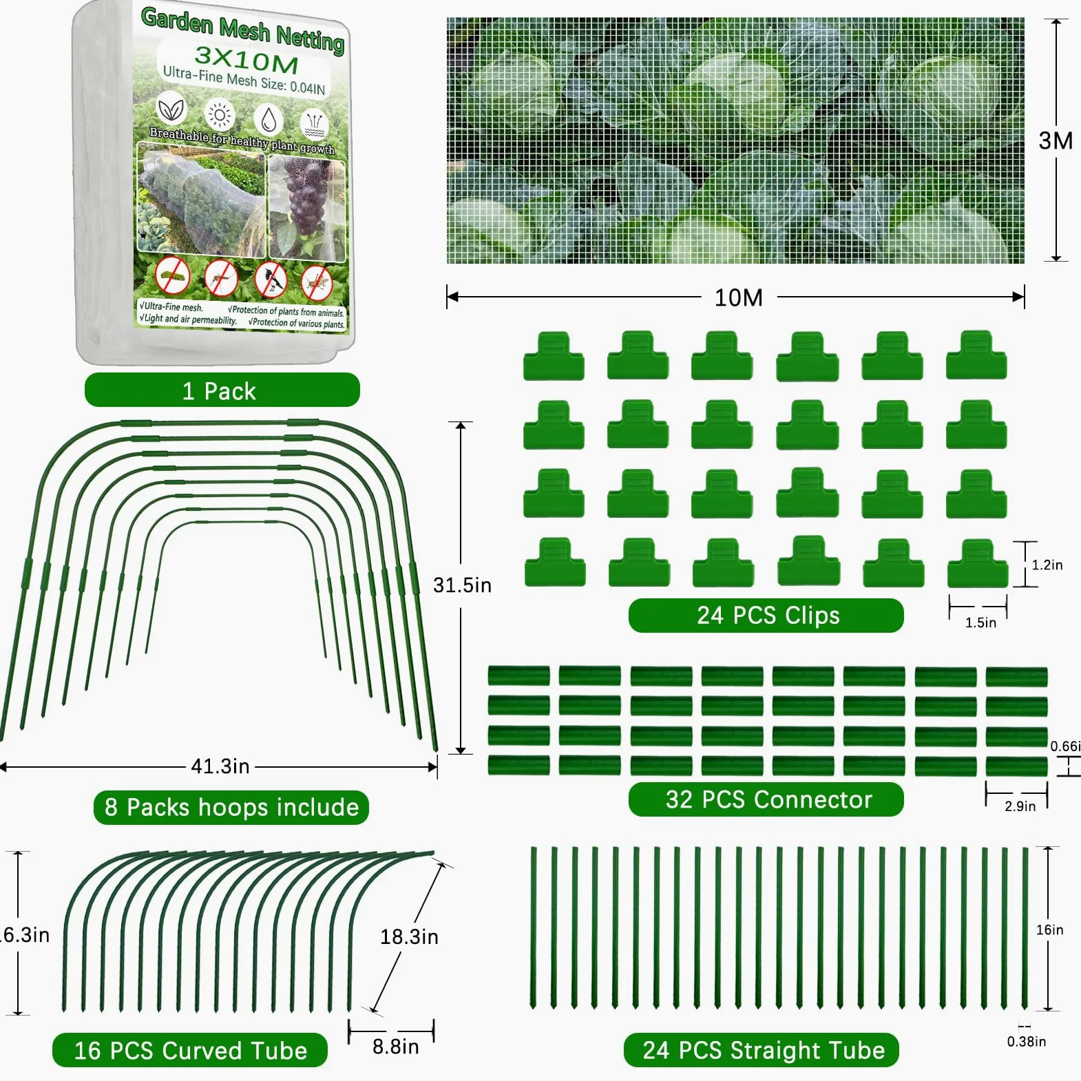 Kit de filet de jardin, filet de barrière en maille fine de 3 x 10 m avec 8 cerceaux de jardin et 24 clips, filet anti-insectes, couverture de rangée de parterres surélevés, protège les légumes, les
