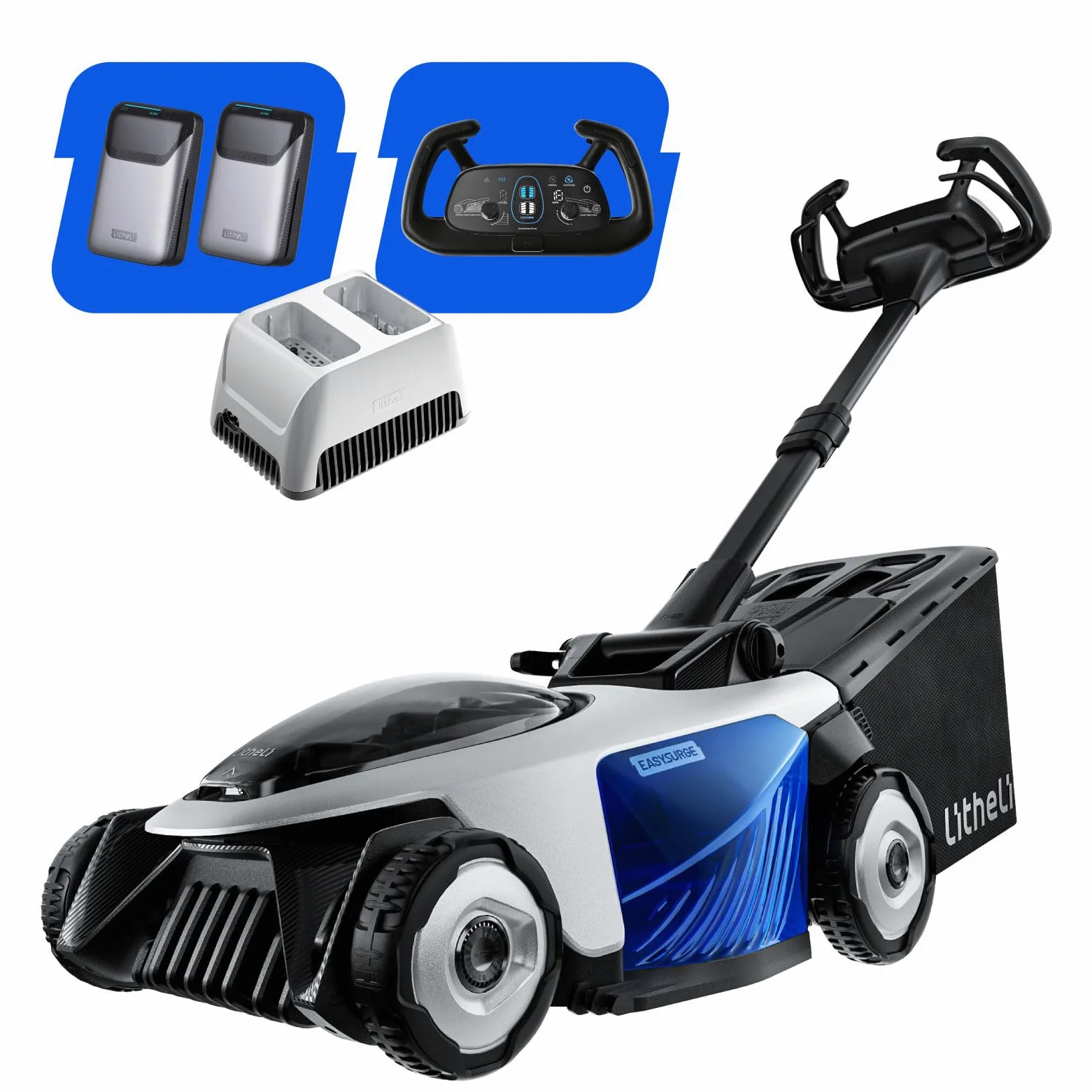 Litheli Easysurge Tondeuse à Gazon sans Fil 43cm, 2X 20V Batteries 4.0Ah, Autotractée (2,2-4,7 km/h), Bac 50L, 25-75 mm Hauteur Réglable, pour Pelouses jusqu'à 500m²