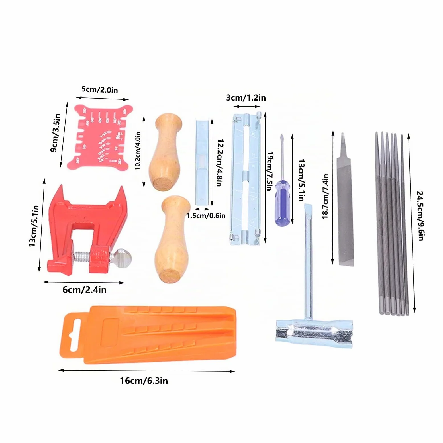Tyenaza Kit d'affûtage de tronçonneuse 16 pièces avec étui de Rangement, Comprenant Une Lime Ronde, Un Tournevis Plat, Un Guide de Lime, Un Manche en Bois, Une Barre d'abattage et Un Outil de Mesure.