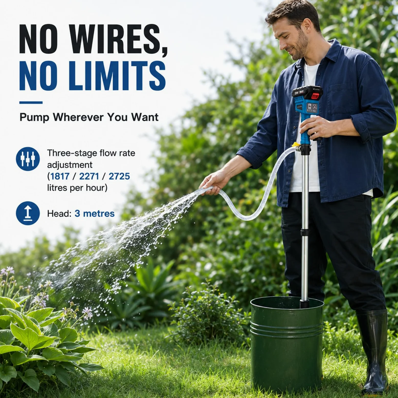 Pompe à Eau sur Batterie 21V avec 8m Tuyau, Pompe à Eau Électrique sans Fil 3 Débits, Hauteur de Refoulement 8 m, 2x1500mAh Batteries Li Ion, pour Jardin Piscine Récupérateur d Eau