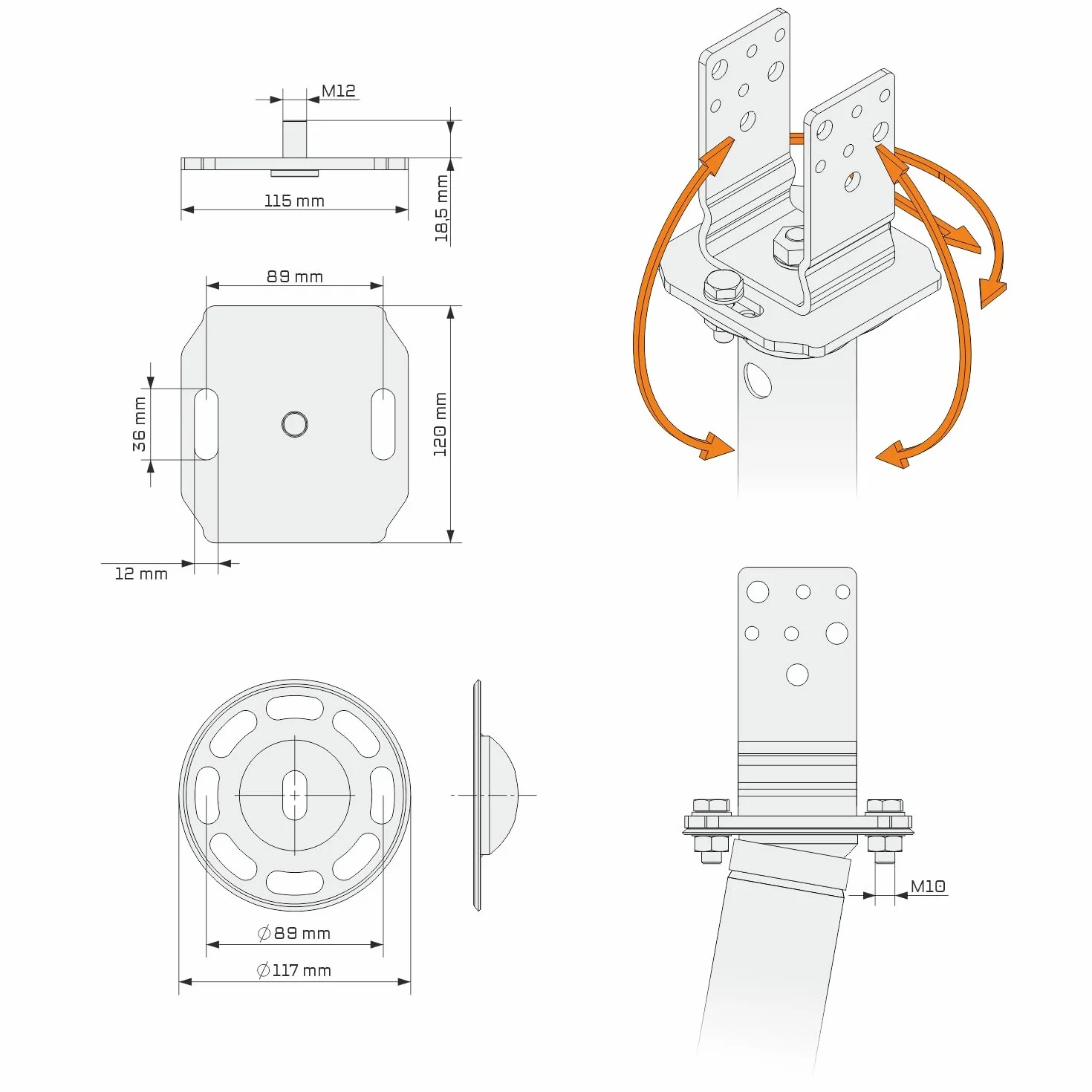 Lot de 2 fondations à vis TILT 100 cm support poteau 8 cm angle en U galvanisé à chaud diamètre 60 x 2 mm M12