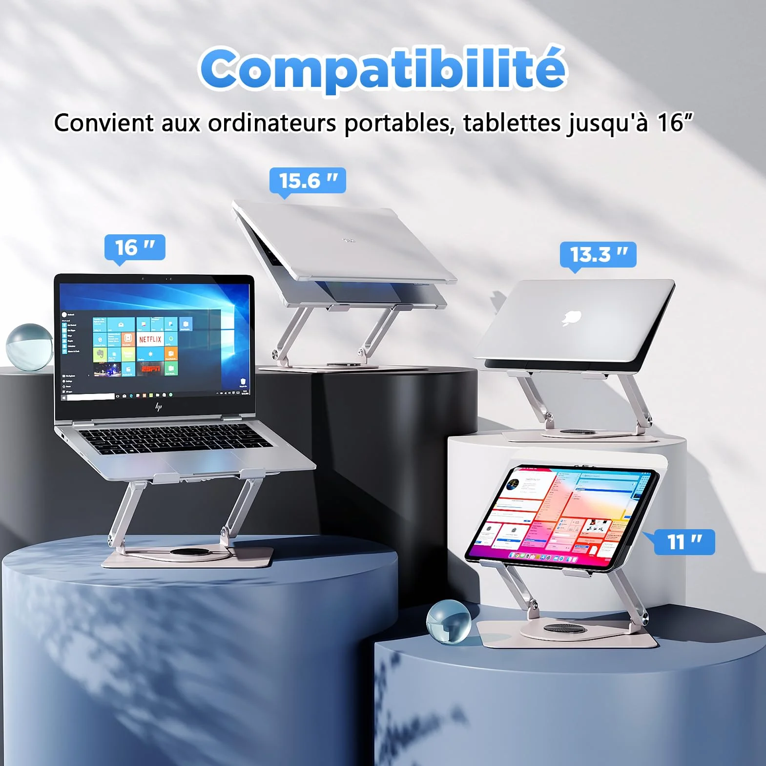 ICARE Support Ordinateur Portable avec Ventilateur Magnétique Rotation 360° Capacité 10 KG 18dB Argent