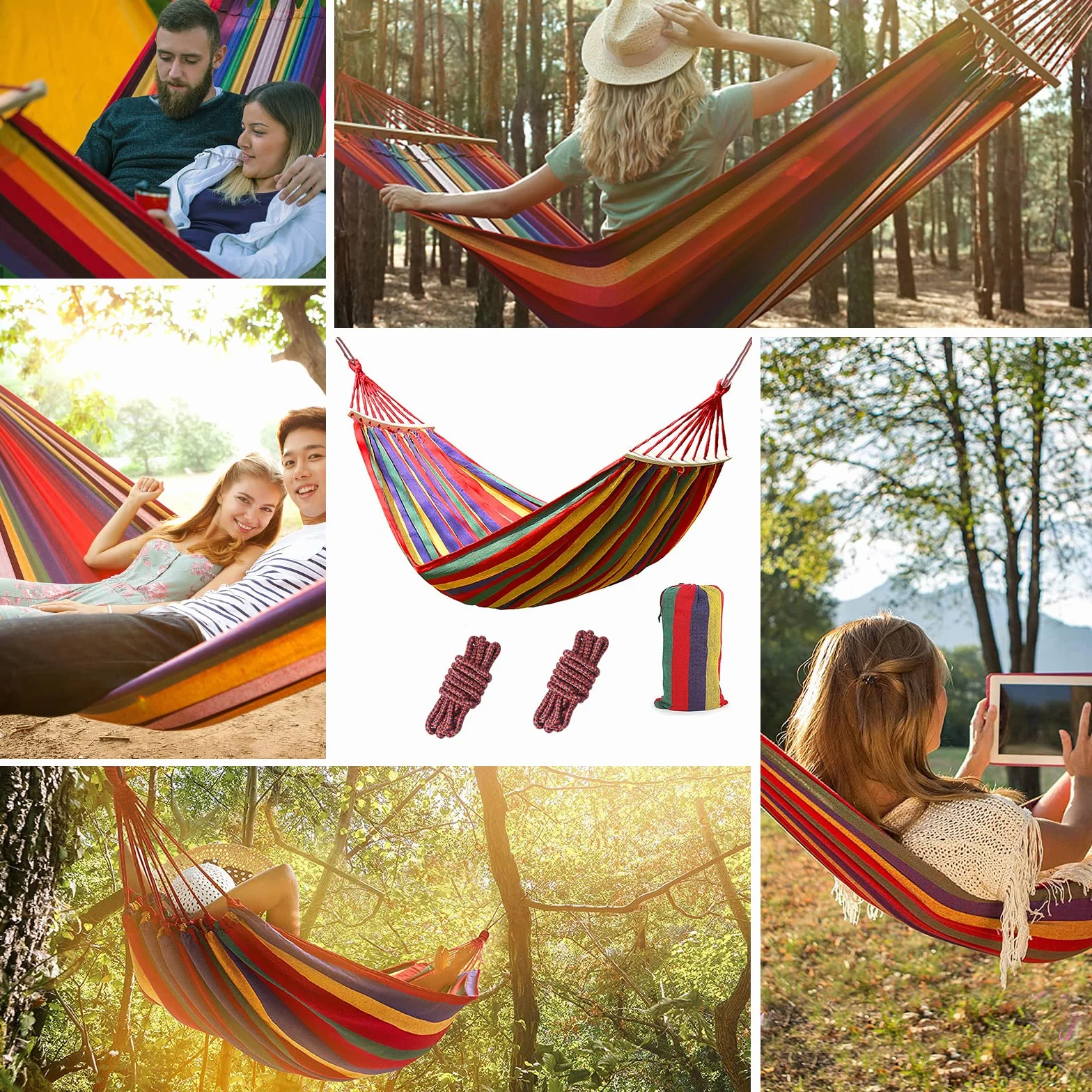 Hamac de plein air en coton 190 x 150 cm, capacité 150 kg, avec sac de transport pour camping et jardin