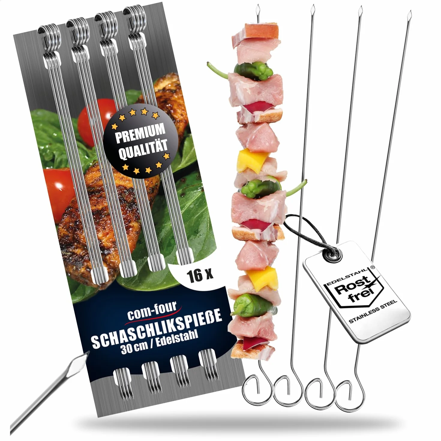 COM-FOUR brochettes acier inoxydable 30 cm 16 pièces ensemble