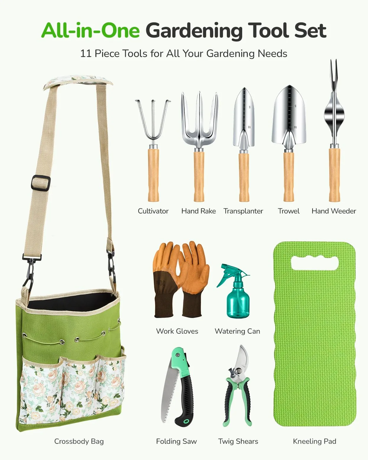 Grenebo Ensemble d'outils de jardin tout-en-un, 11 pièces d'outils de jardinage robustes avec sac à bandoulière ergonomique en toile, kit d'outils de jardin de qualité supérieure, cadeau de jardinage