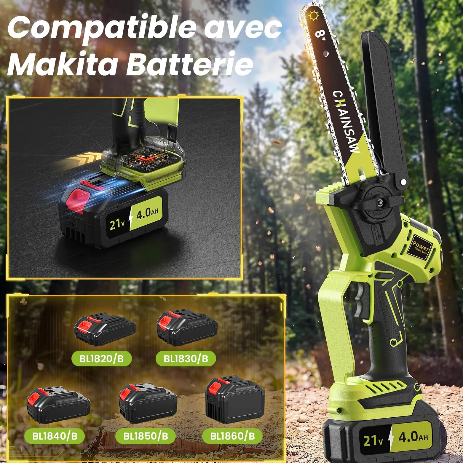 Mini Tronconneuse a Batterie 8 et 6 Pouces, 1300W Brushless Tronconneuse Electrique, 8000mAh Elagueuse Batterie Sans Fil, D'huile Automatique, Petite Tronçonneuse Compatible avec Makita pour Jardin