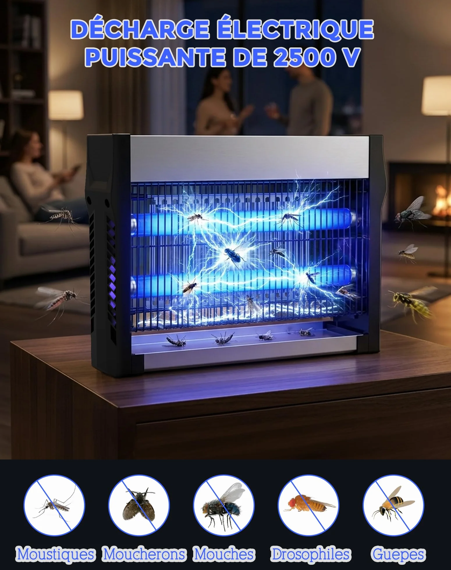 Lampe Anti-Moustique 20W 2500V Tue Mouches Électrique 80 m² Destructeur d’Insectes Intérieur Extérieur