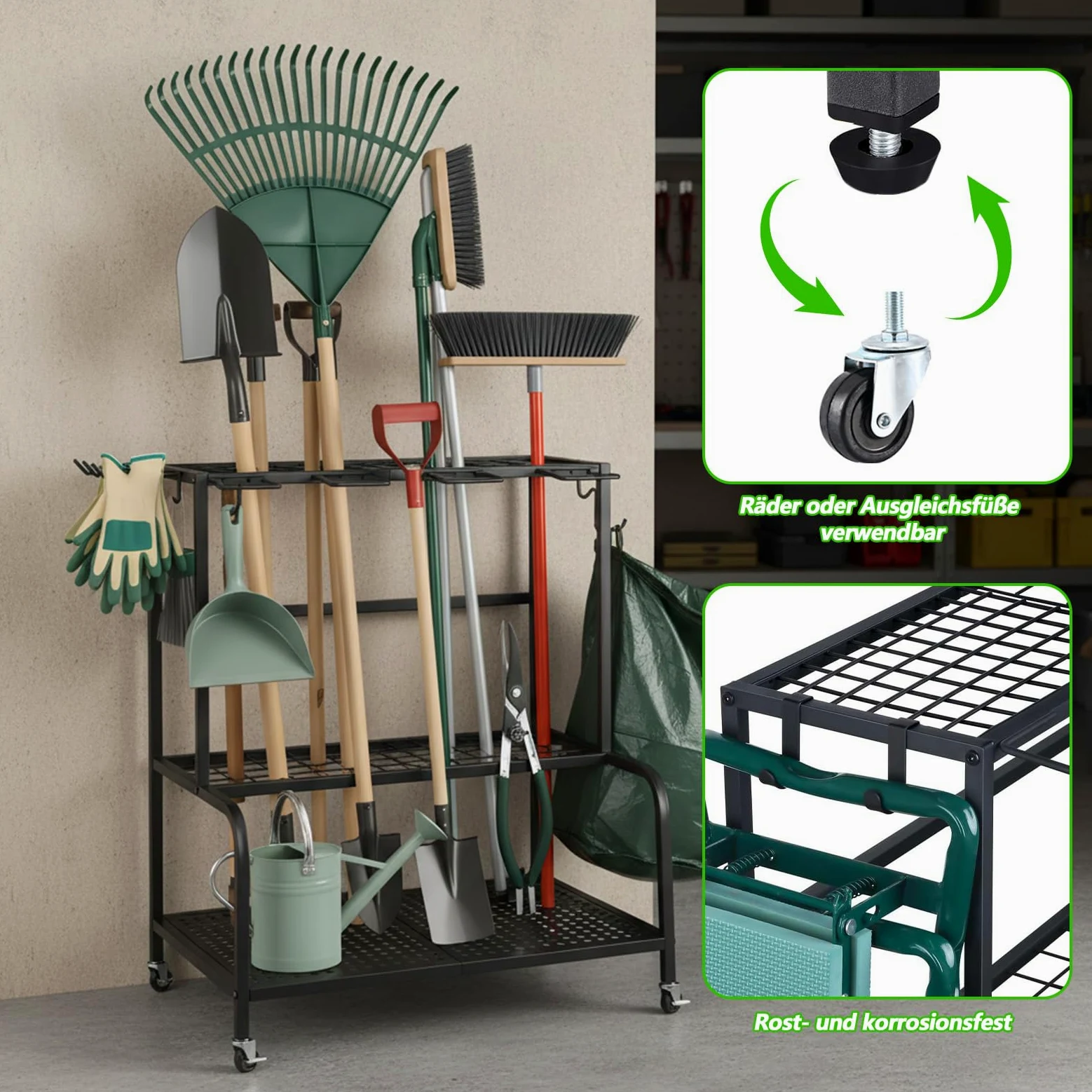 Support pour outils de jardin - 61 x 41 x 66 cm - Organiseur avec 78 compartiments de rangement | 11 crochets et roues pivotantes à 360°, étagère de rangement pour outils de jardin, en métal, noir