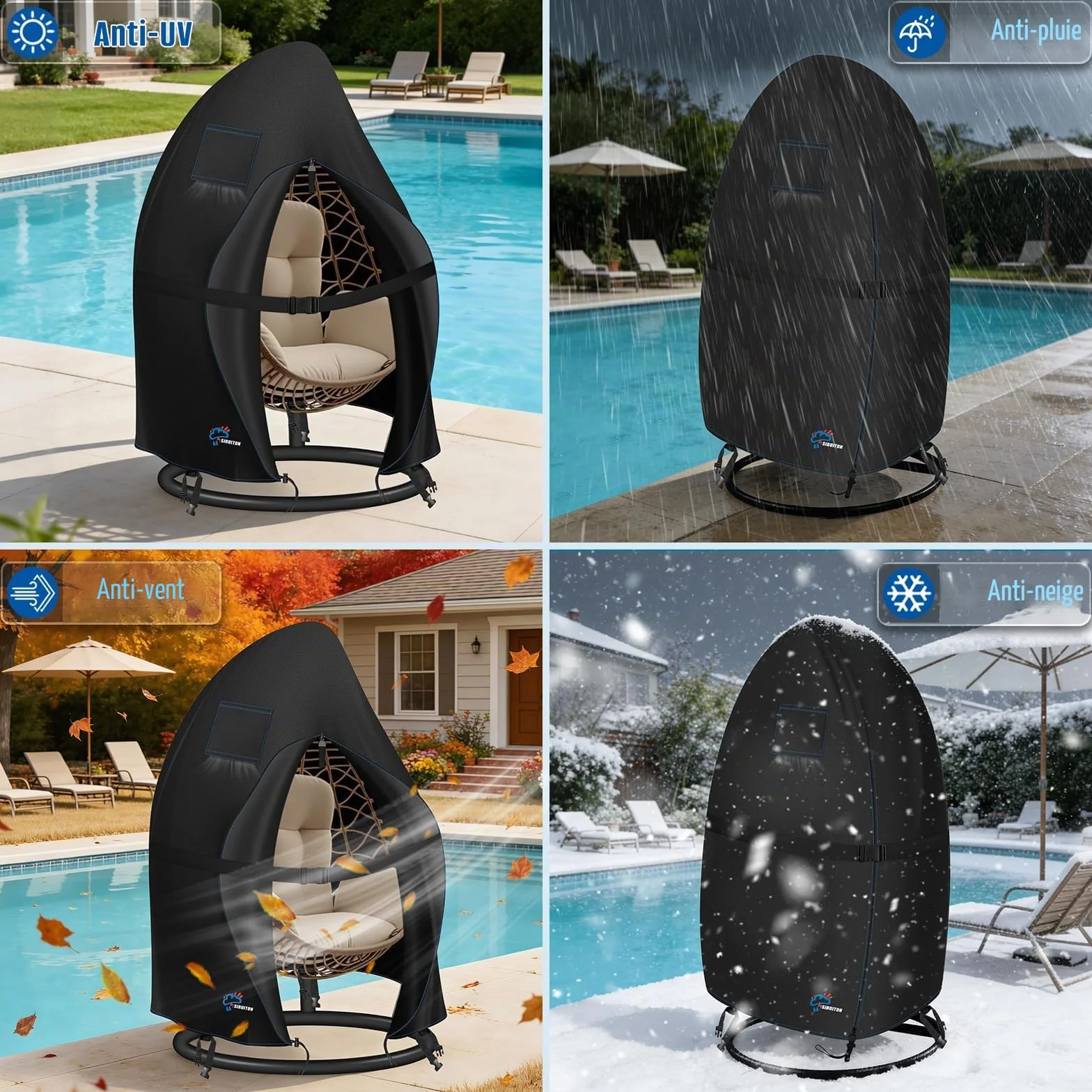 SIRUITON Housse de chaise de patio Ø120x190cm imperméable 210D avec fermeture éclair
