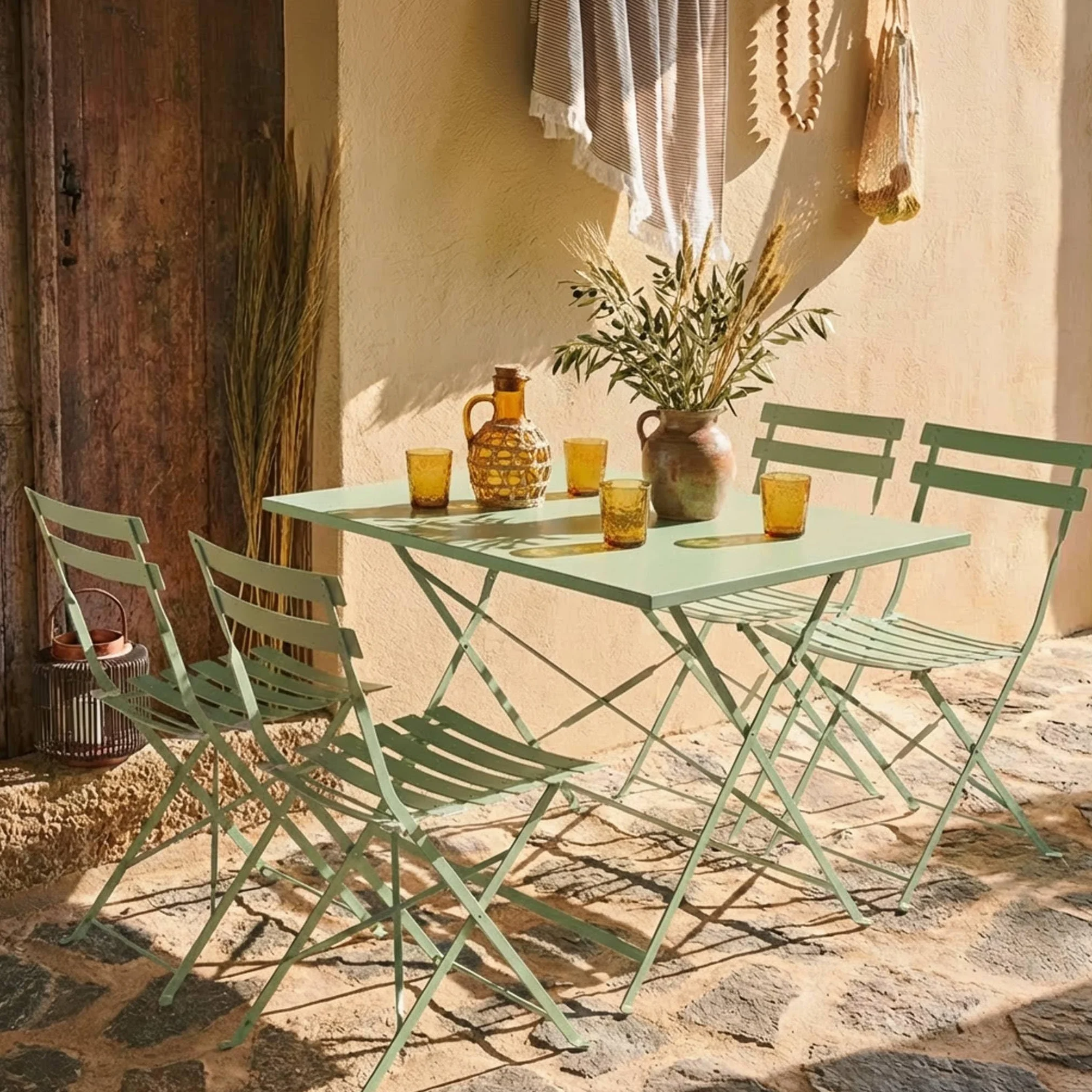 Table de Jardin Bistrot Pliante Métal 110x70cm + 4 Chaises Pliantes Acier Thermolaqué