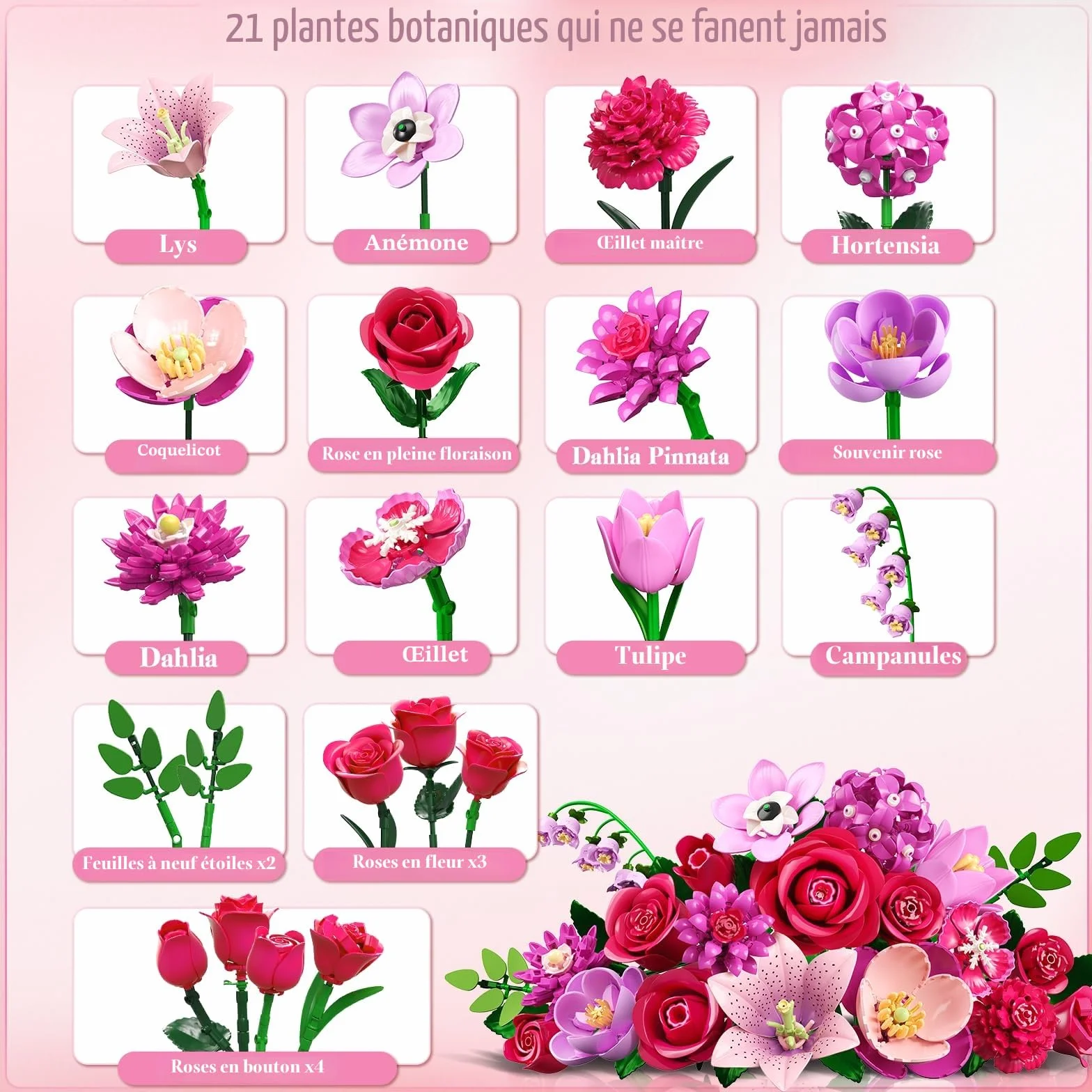 CUBIMANA Bouquet de Fleurs LED 21 Roses Rouges Collection Botanique 832PCS