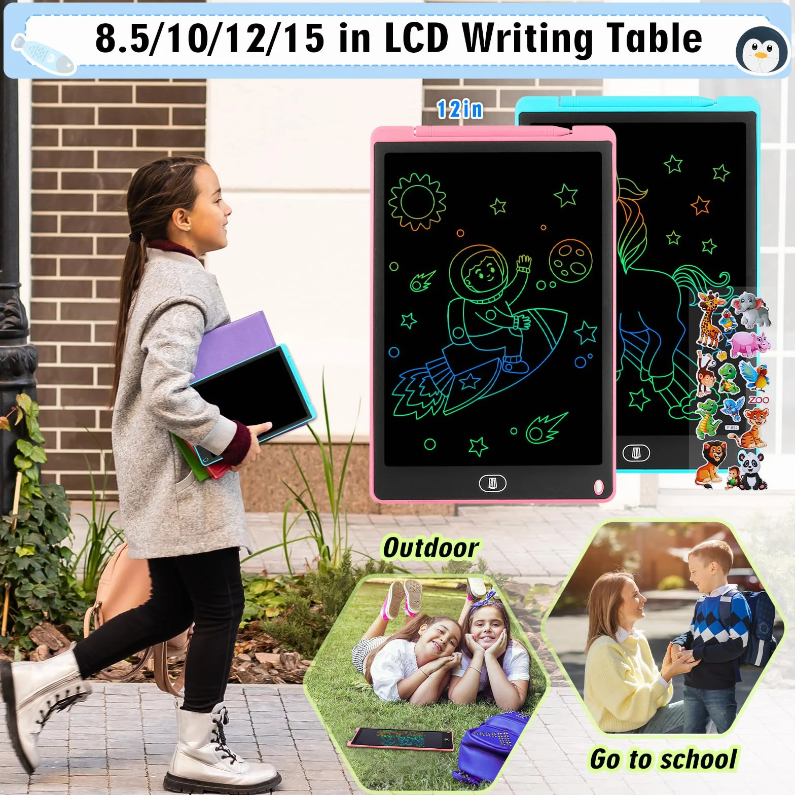 Tablette D'écriture LCD 12 Pouces 2 Pack, Tablette Dessin Écran Coloré, Bloc Effaçable avec Autocollants Animaux, Bleu + Rose