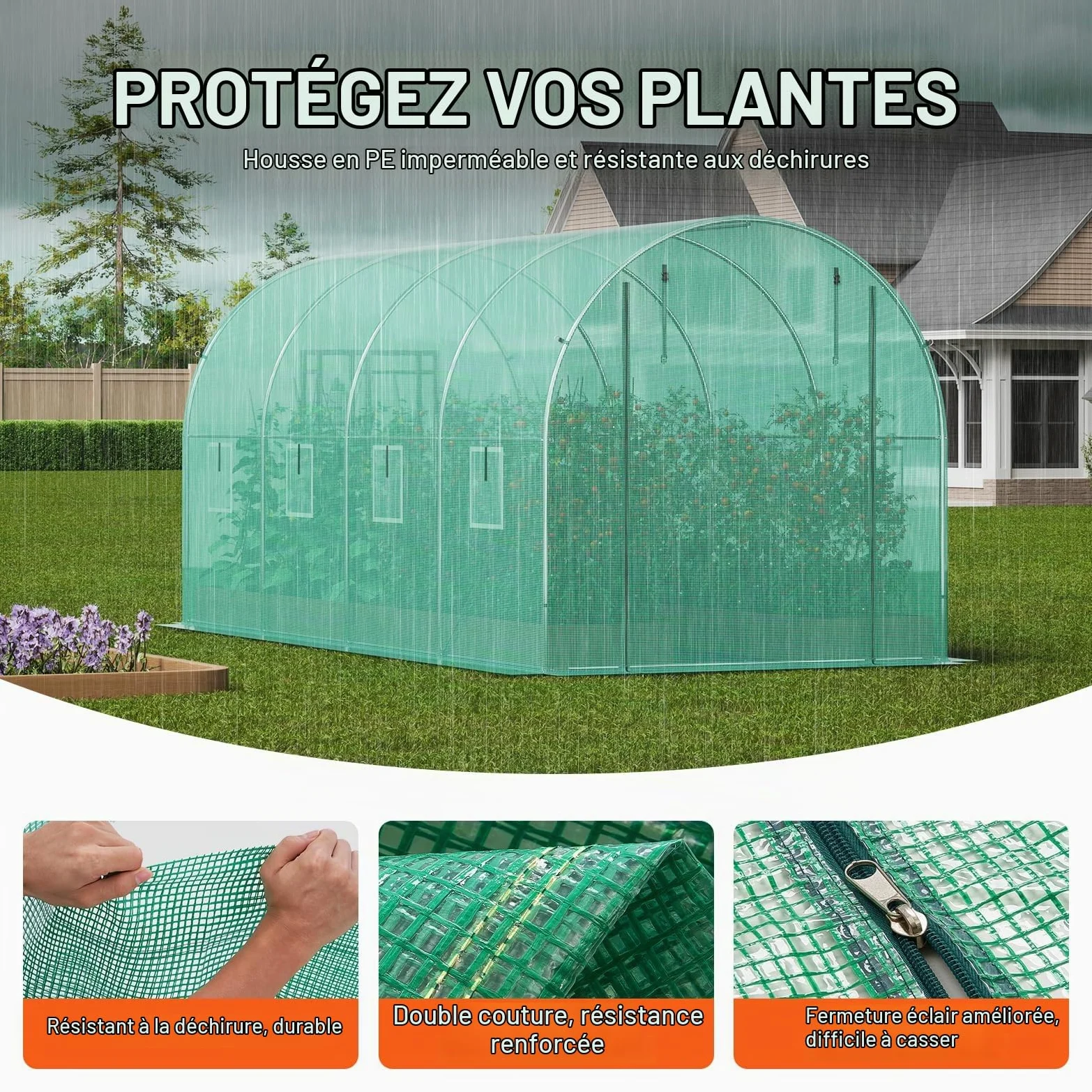 VEVOR Serre Tunnel Jardin, 445x194x192 cm, Tente Abri Plantes avec Cadre en Acier Galvanisé, Couverture en PE Verte, Porte à Glissière Enroulable, 8 Fenêtres, pour Extérieur Cultiver Légumes Fleurs