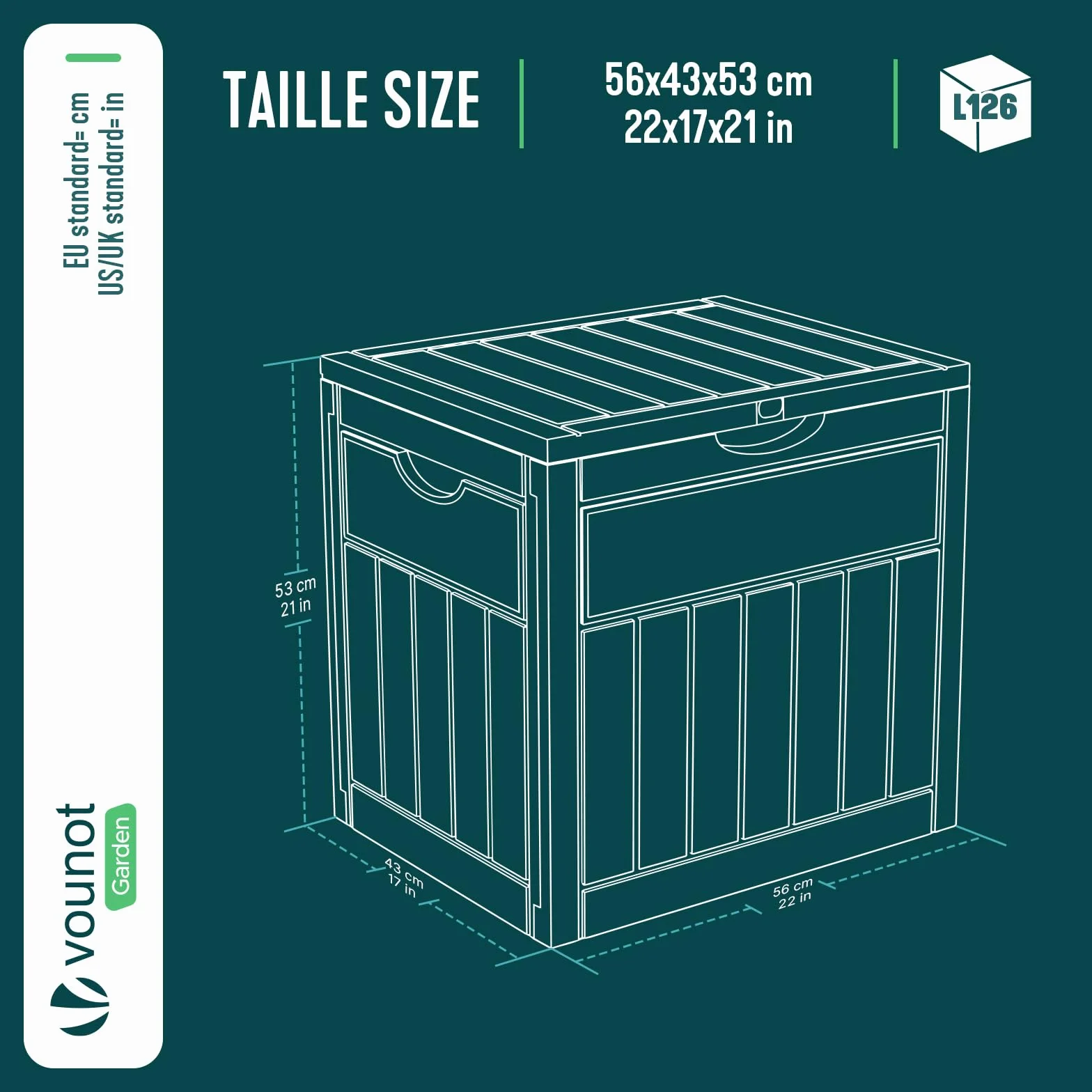 Vounot Coffre de Rangement Extérieur 126L Boîte de Jardin Étanche Anti UV 56x43x53 cm Noir