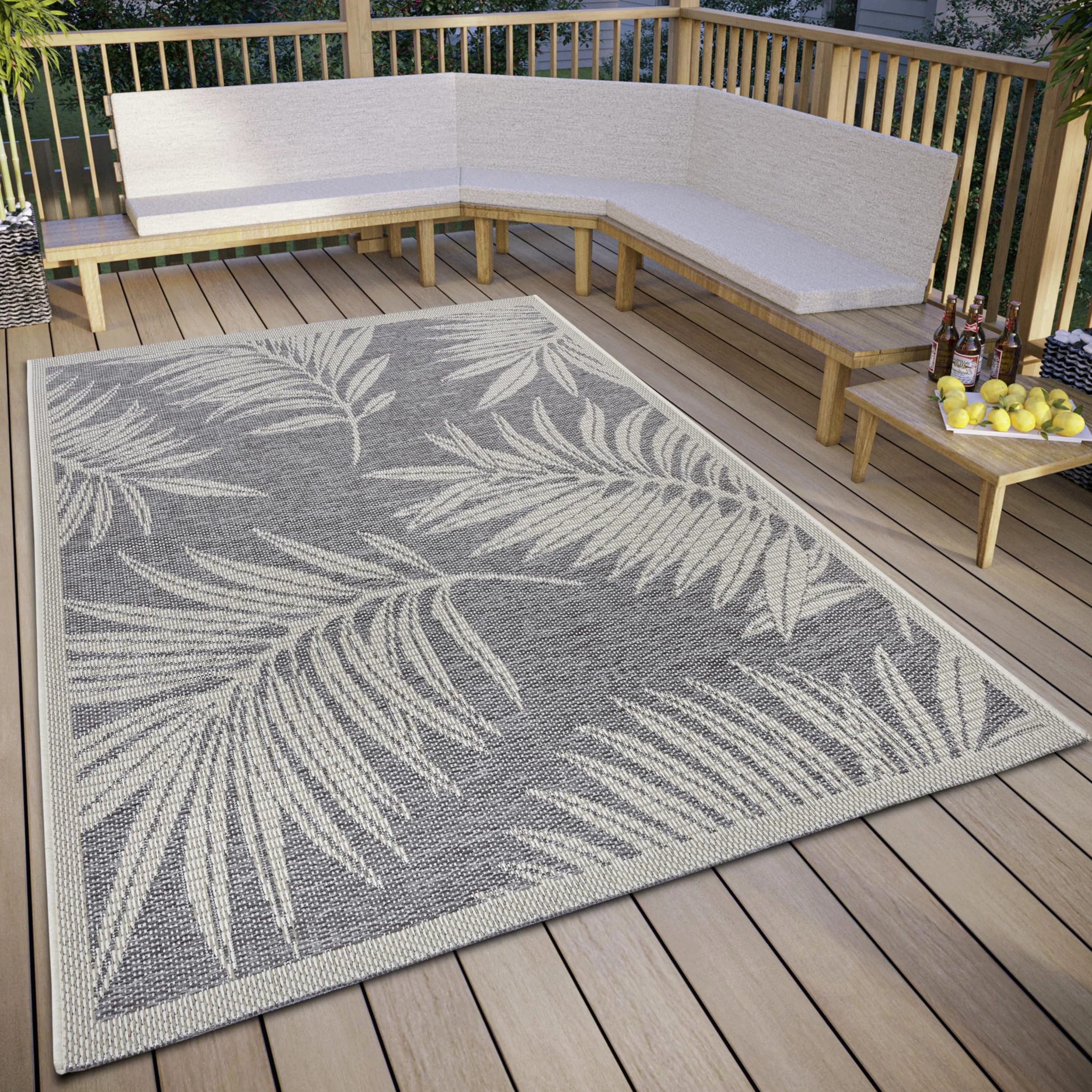 Hanse Home Paru Tapis d'extérieur résistant aux intempéries - Motif Palmiers Moderne - Design Floral - Imperméable et Robuste - Tissage Plat - pour Jardin, Balcon, terrasse, Salon - Gris crème, 155 x
