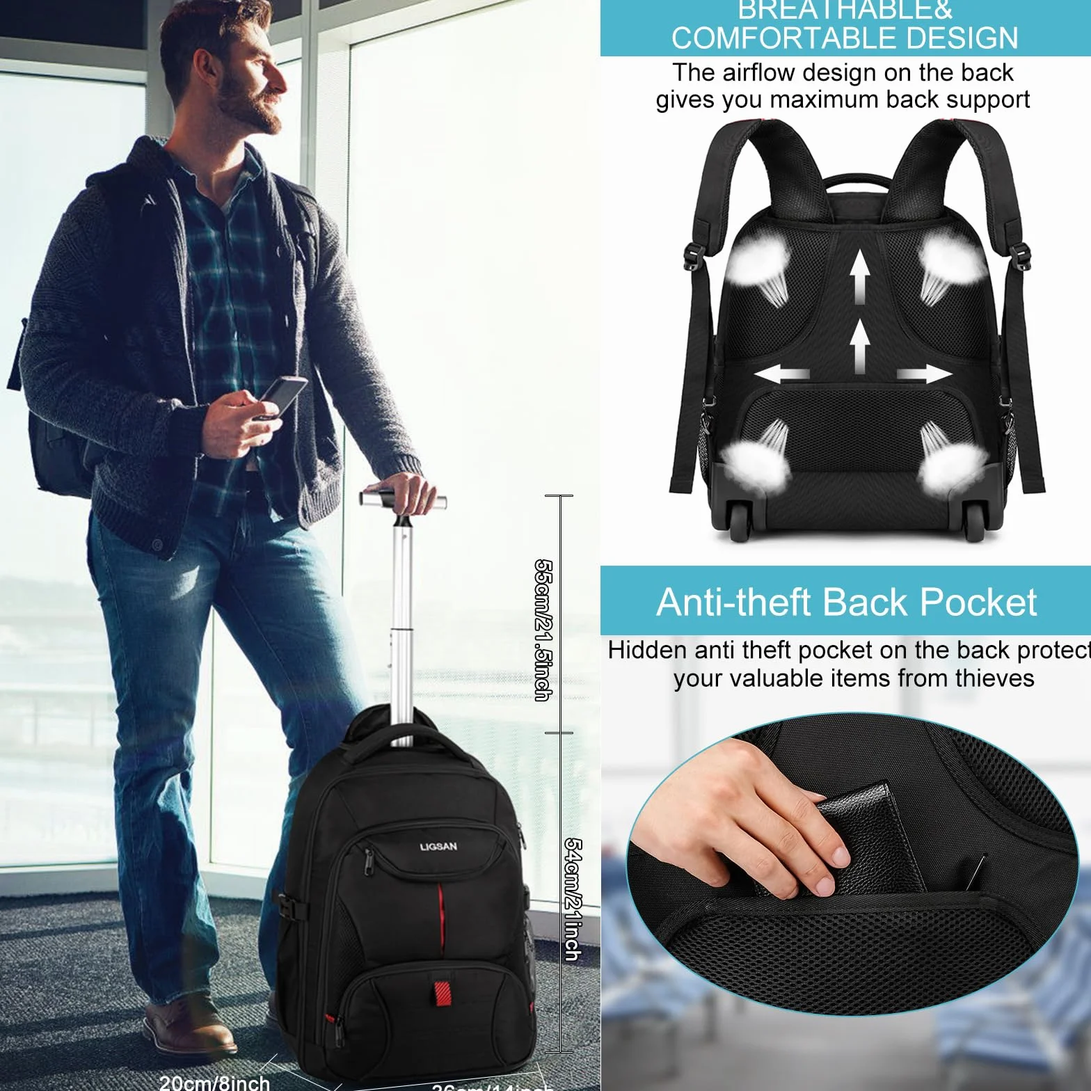 Sac à Dos à Roulette 18,4" Ordinateur Portable Trolley Voyage Grand Volume Antivol Résistant à l'eau Homme Femme Noir