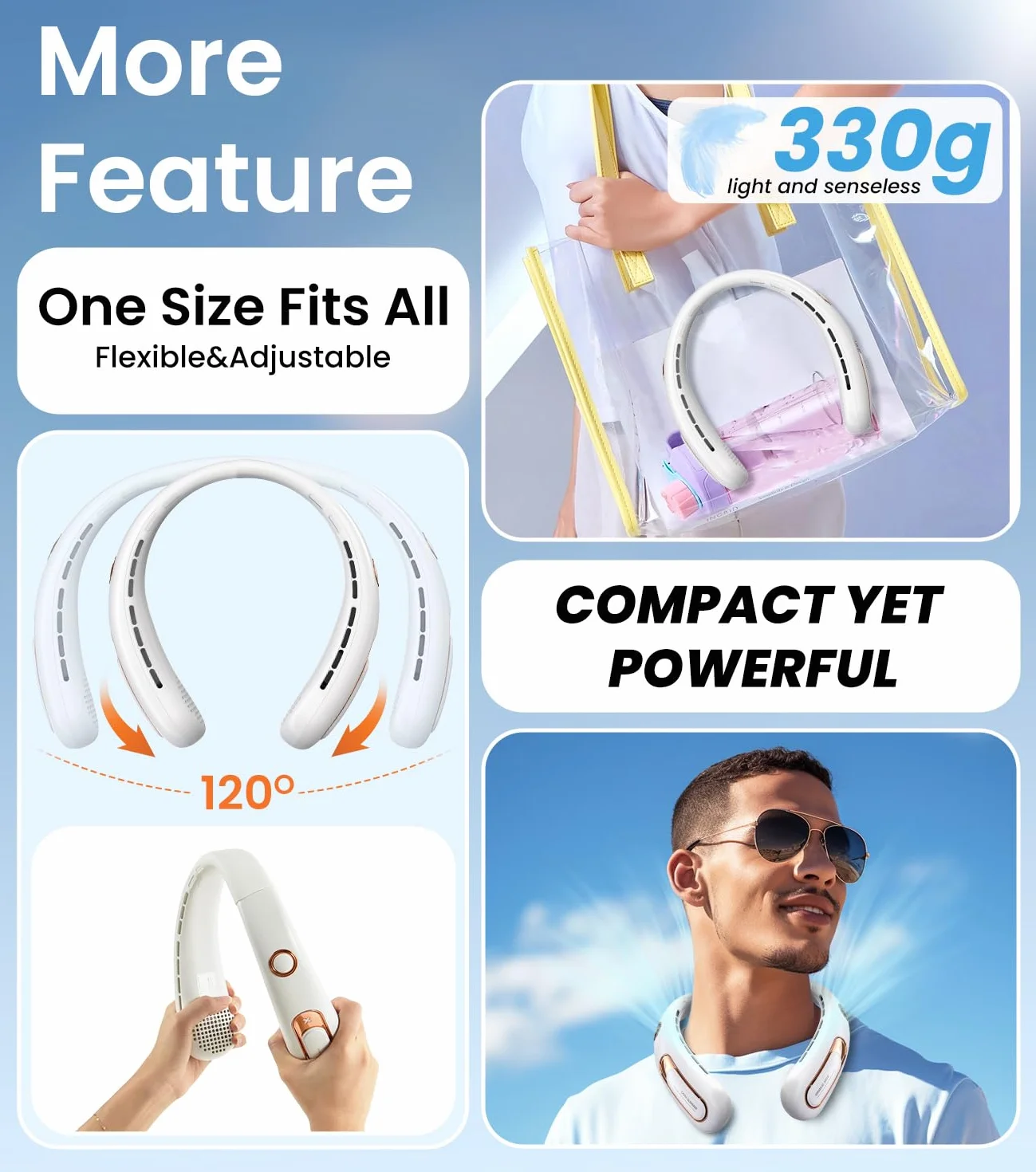 Ventilateur de Cou Portable USB Rechargeable 4000mAh 15H Silencieux sans Pale 3 Vitesses LED 360°