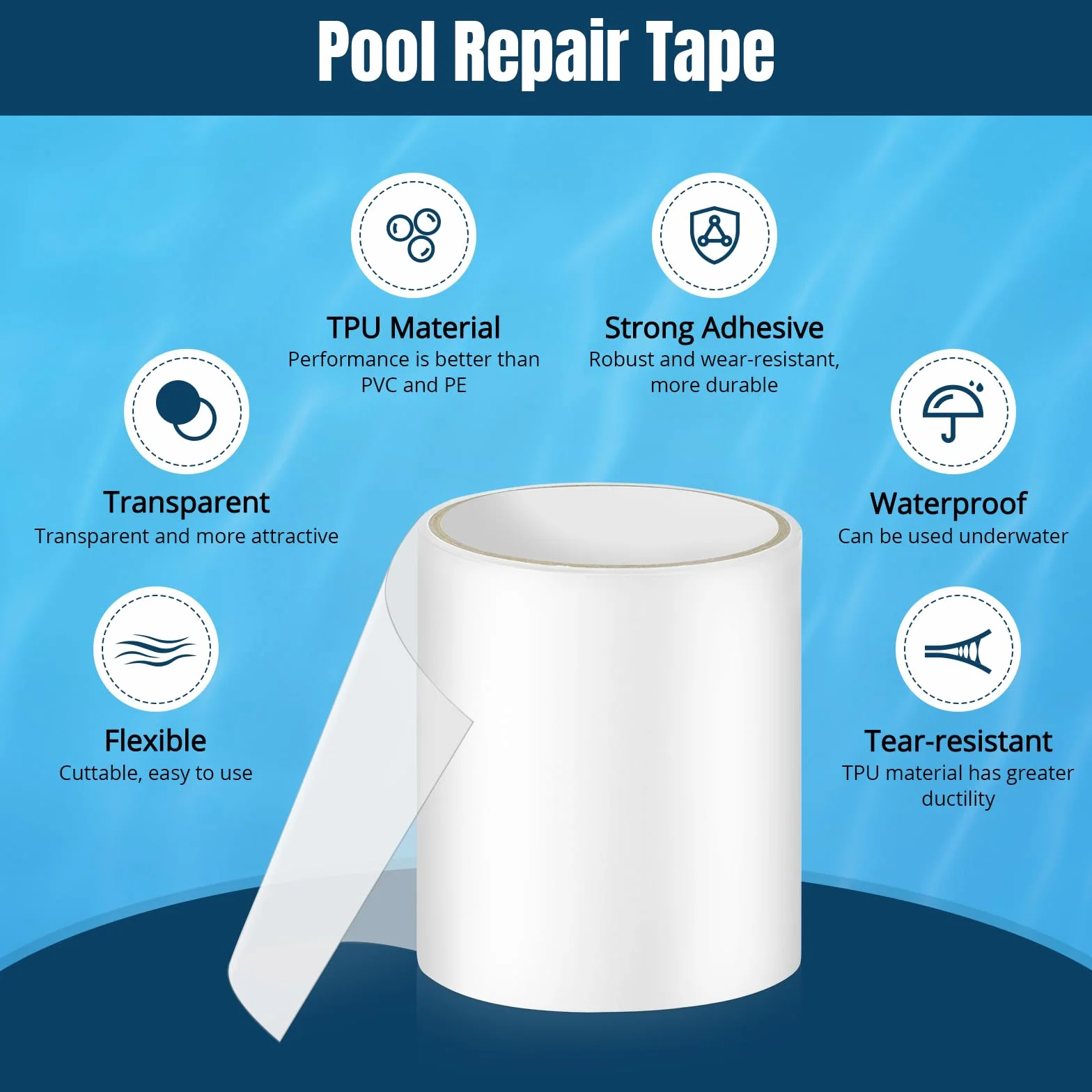 Rustine Piscine Kit Reparation Liner Piscine 10x150cm Scotch Etanche Eau pour Spa Gonflable