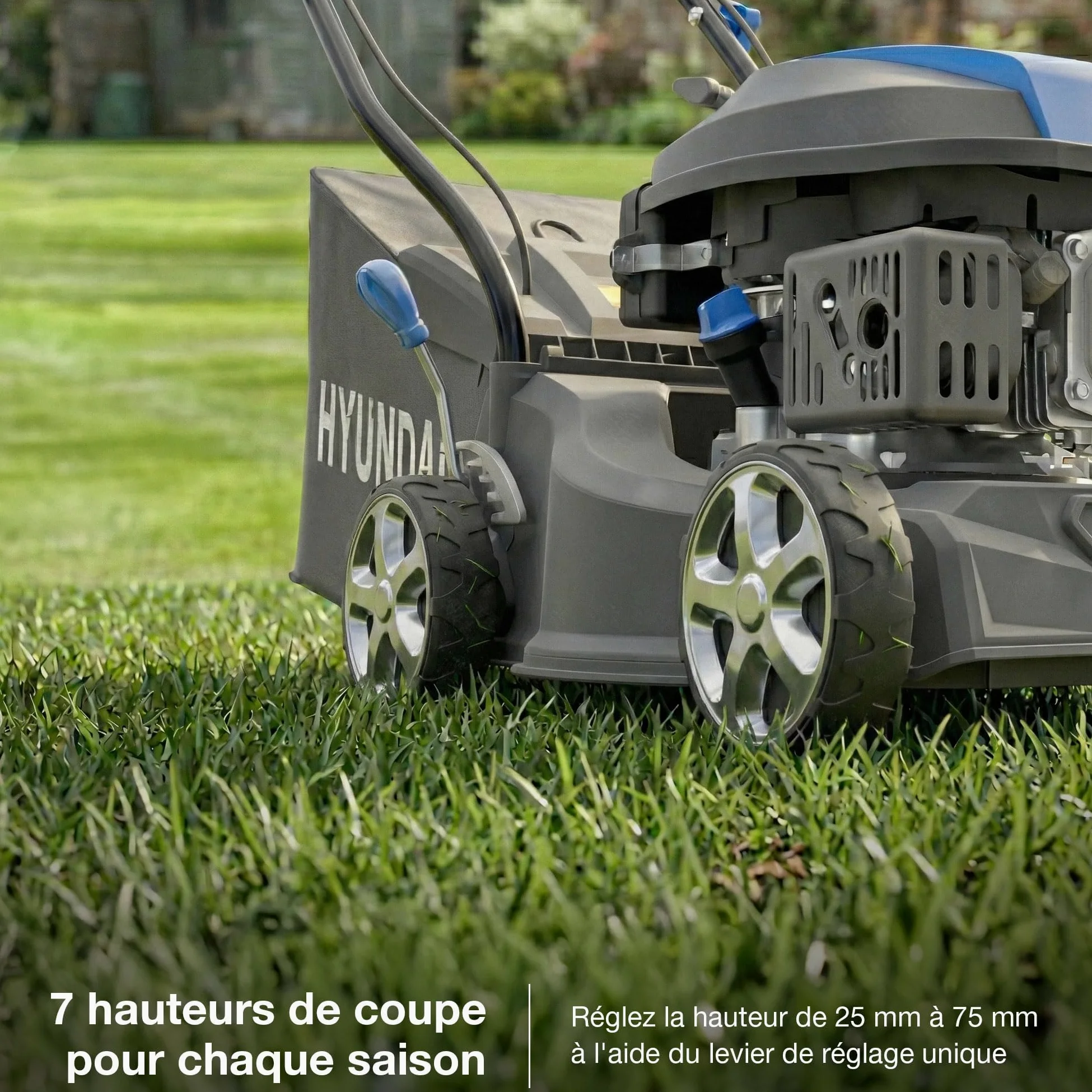 Hyundai Tondeuse à Gazon Thermique Noire 40 cm, Moteur 139 cm3 3,7 CV 4 Temps, Bac 40 L, 7 Hauteurs 25-75 mm, Poussée, Garantie 3 Ans - HYM16130PX