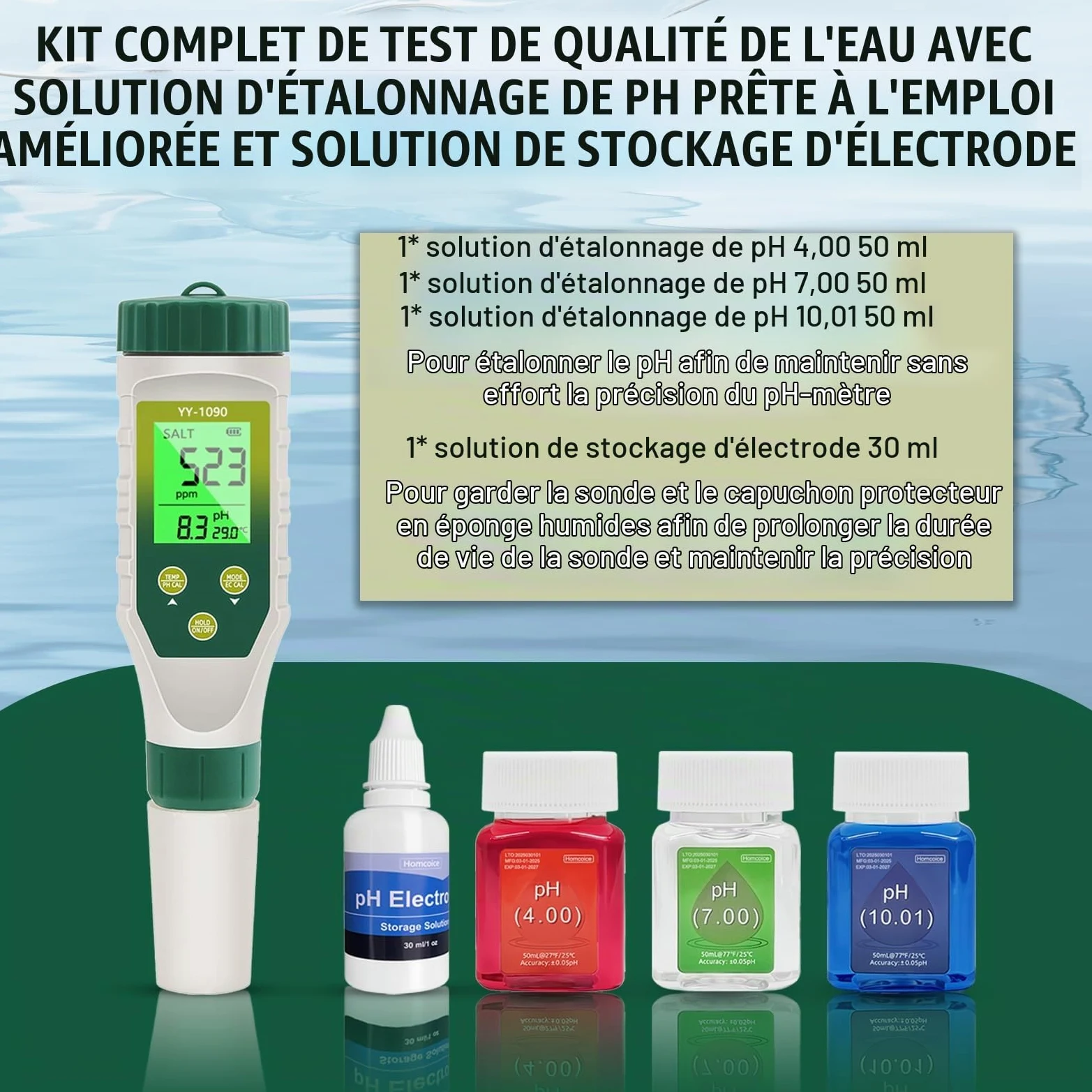 PH Mètre 5 en 1, EC TDS Salinité Température avec Affichage Simultané Trois Données Innovant, Test pH Piscine IP67 étanche, Testeur Salinité pour Eau Potable, Aquariums, hydroponie