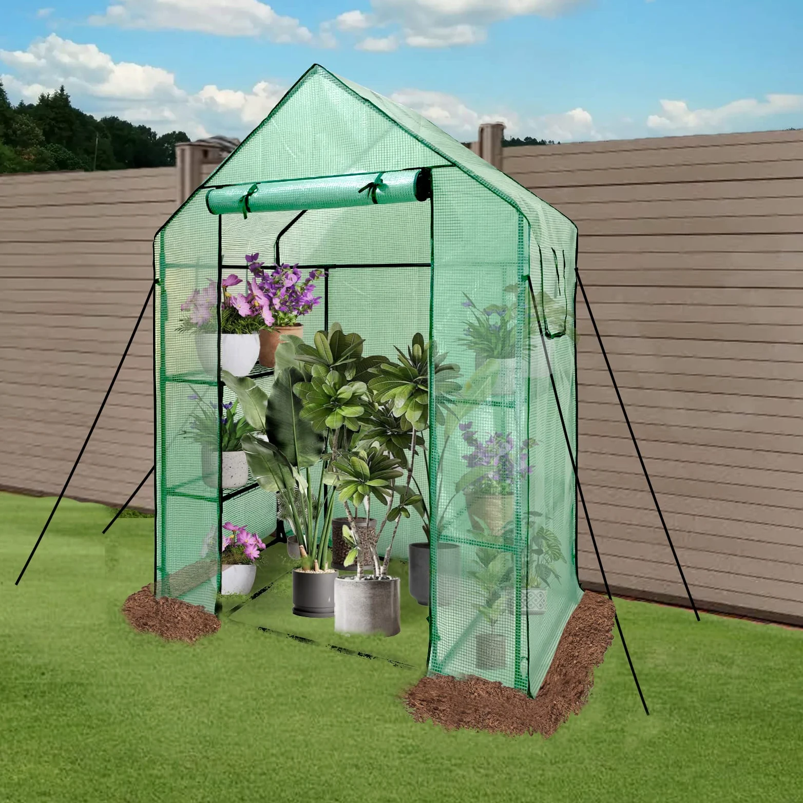 Serre de Jardin avec 6 Étagères, Serre à tomates Foilen, Couverture en renforcé PE avec Porte et fenêtres et Cadre en Acier, Vert, 143x73x195cm