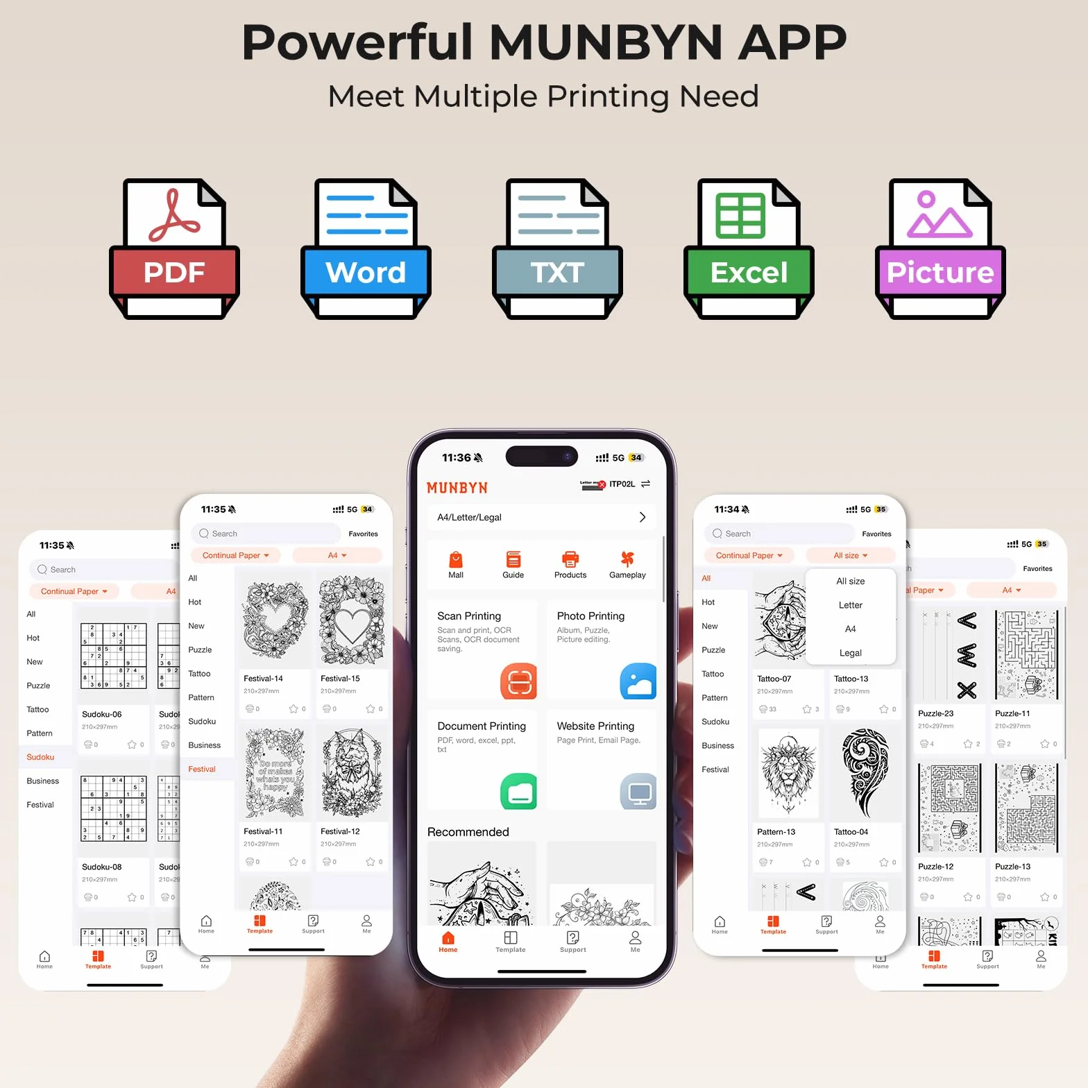 MUNBYN ITP02 Imprimante Thermique A4 Bluetooth Portable sans Fil Noir