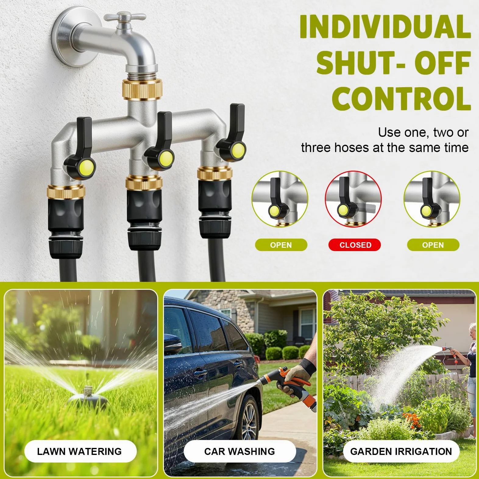 Répartiteur de Tuyau d'arrosage 3 Voies en Laiton avec Adaptateur | Adaptateur 3/4" vers 1/2", vannes à boisseau sphérique, levier allongé, jardin, maison, arrosage