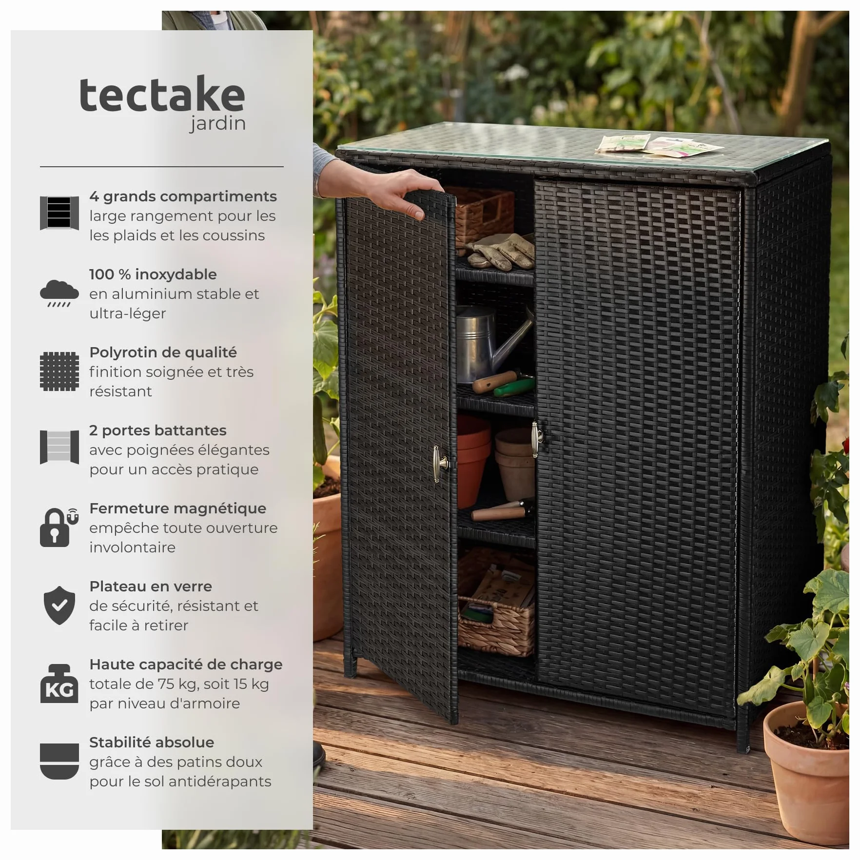 Tectake Armoire de Jardin 84,5x40,5x103,5 cm Résine tressée Aluminium 2 Portes 3 étagères 75 kg